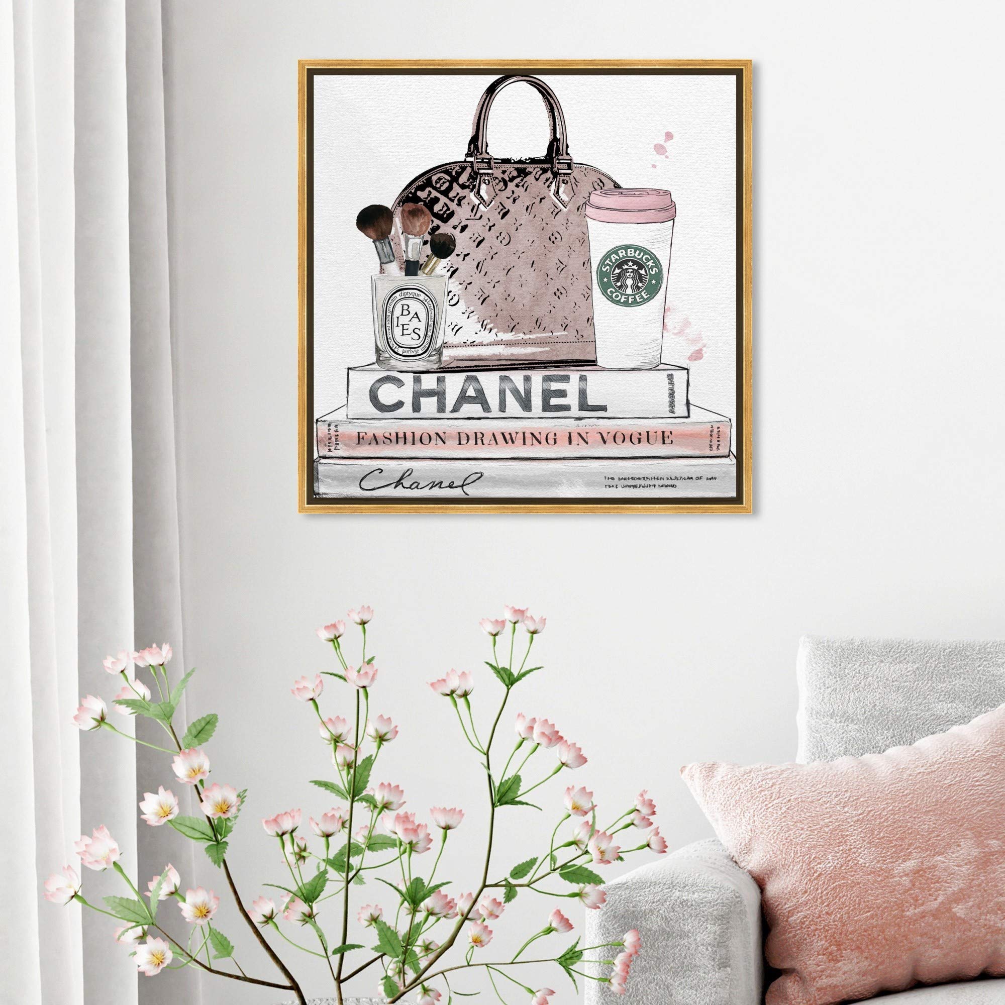 Blush and Makeup Brush Framed Wall Art Canvas Print - Fashion & Glam Decor for Bedroom, Living Room, Salon, or Beauty Studio