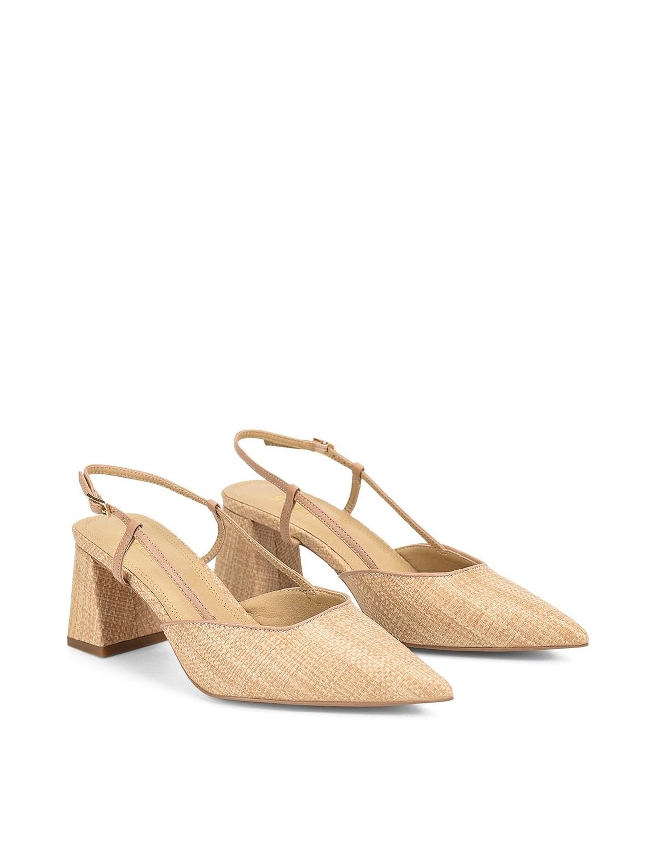Yasmine Slingback Heels for Women - Almond Leather & Natural Raffia Comfortable Dress Shoes for Wedding, Party & Office Wear