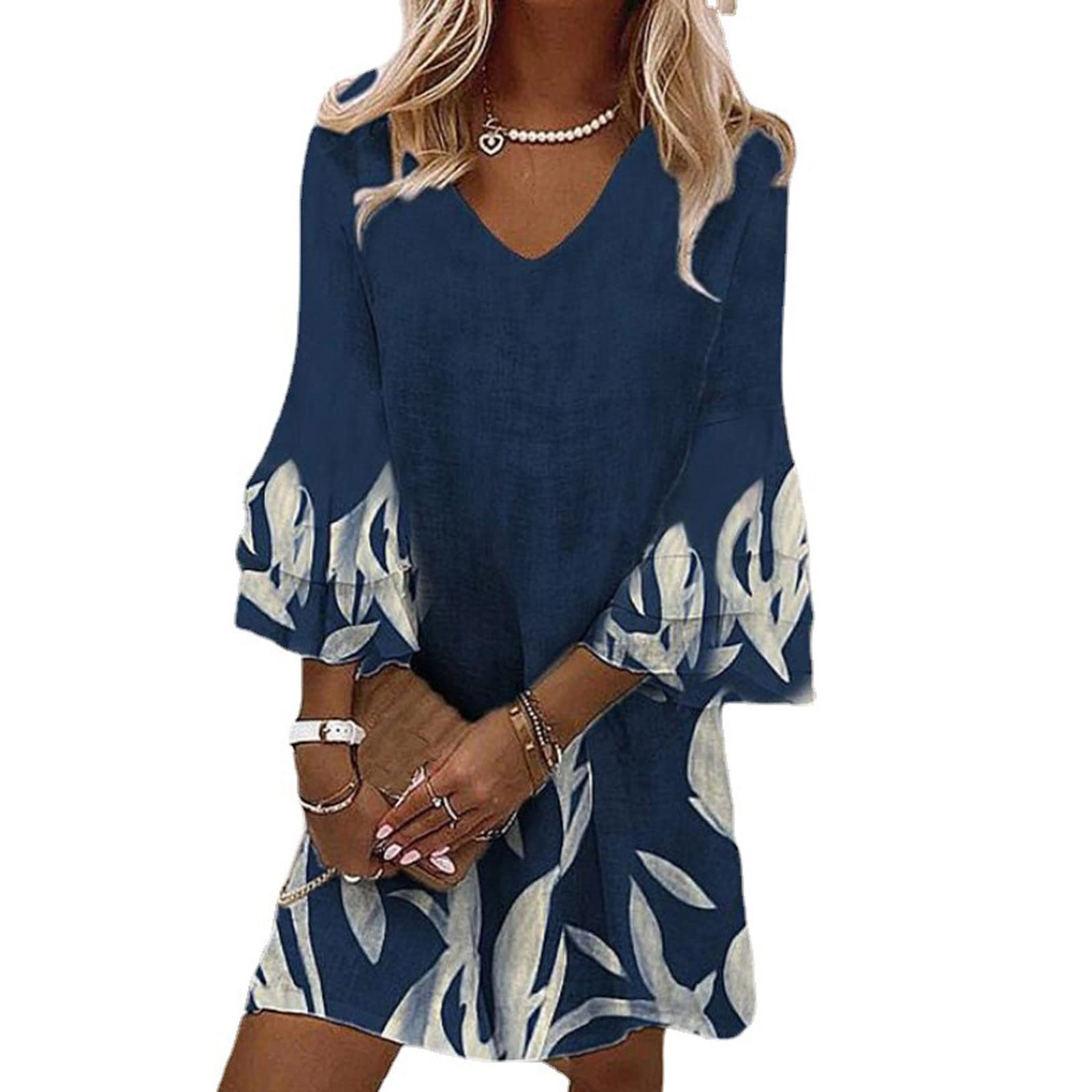 2023 Fashion Women's Summer Floral Print V-Neck 3/4 Sleeve Mini Dress - Casual Vacation & Wedding Guest Outfit | Beach Party, Date Night, Brunch Wear