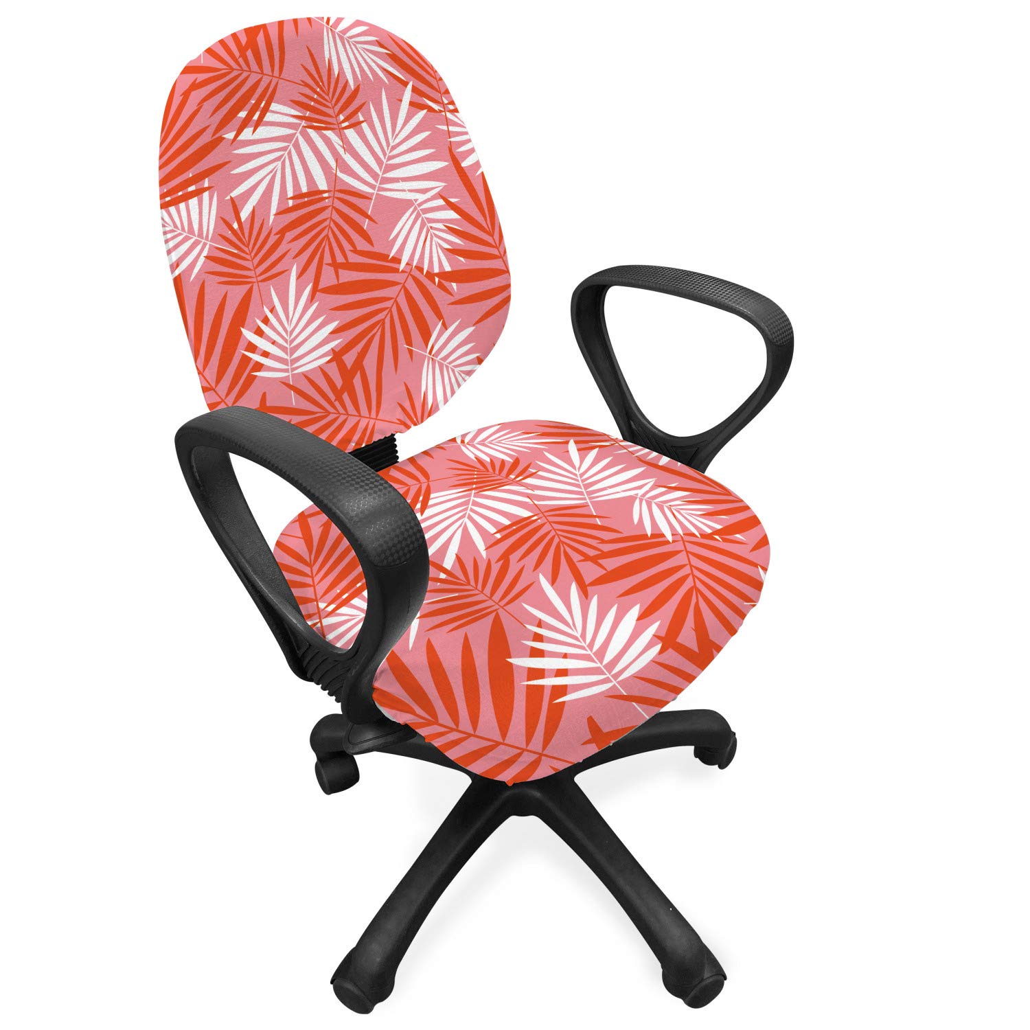 Ambesonne Exotic Office Chair Slipcover - Vibrant Tropical Palm Leaves Design, Hawaiian Style Stretch Fabric Cover in Pastel Pink Vermilion | Perfect for Home Office, Living Room & Tropical Themed Decor