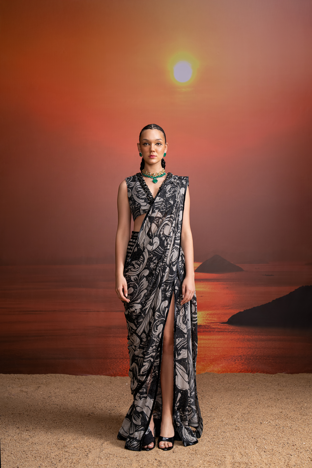 NOIR PRINTED EMBELLISHED DRAPED SAREE WITH BEADED HAND EMBROIDERED BLOUSE | Elegant Indian Traditional Outfit for Weddings, Parties & Festive Occasions