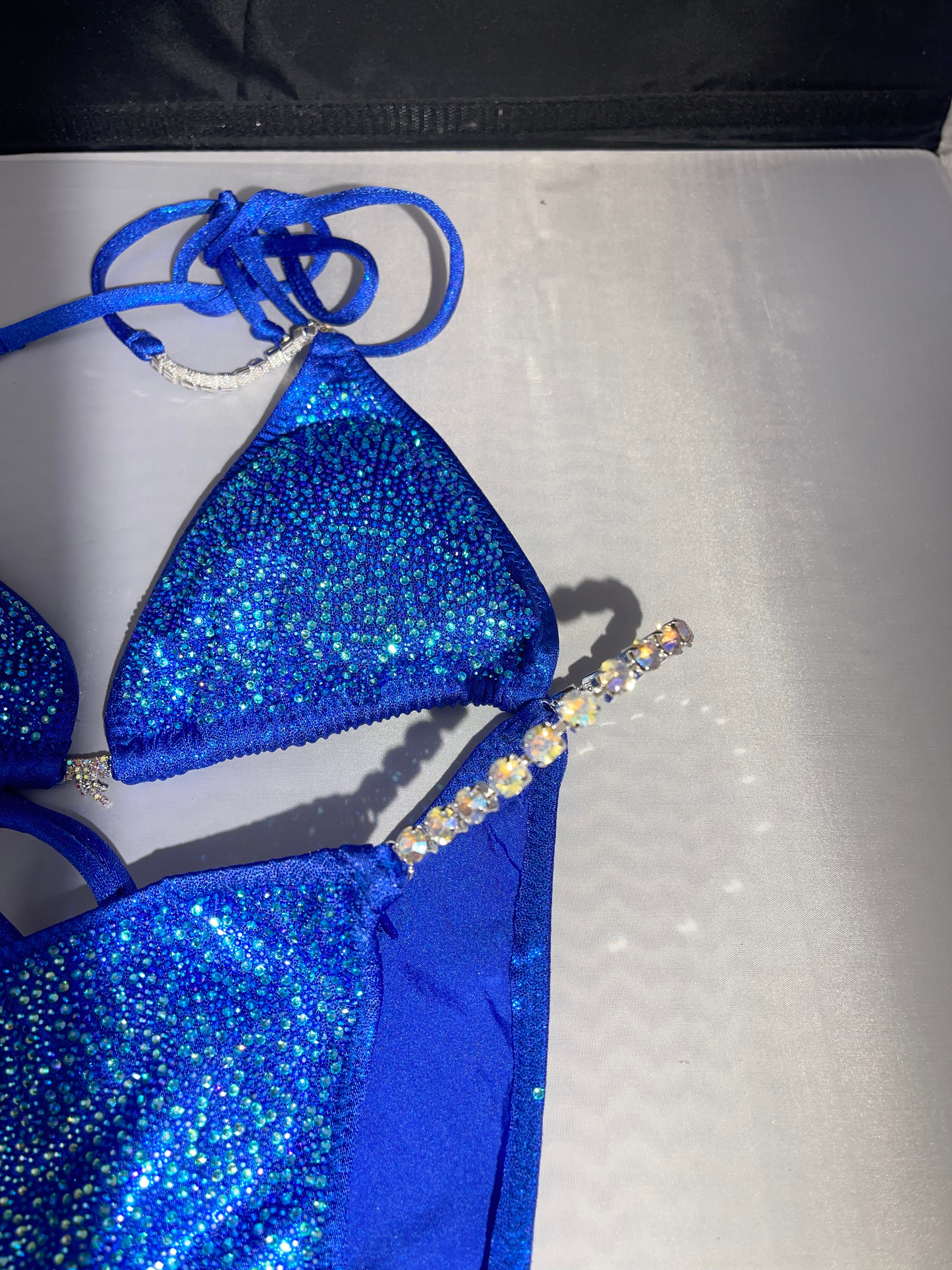Blue & Turquoise Rhinestone Bikini Competition Suit - 3-Layer Color Effect for Swimwear Pageants & Poolside Glamour