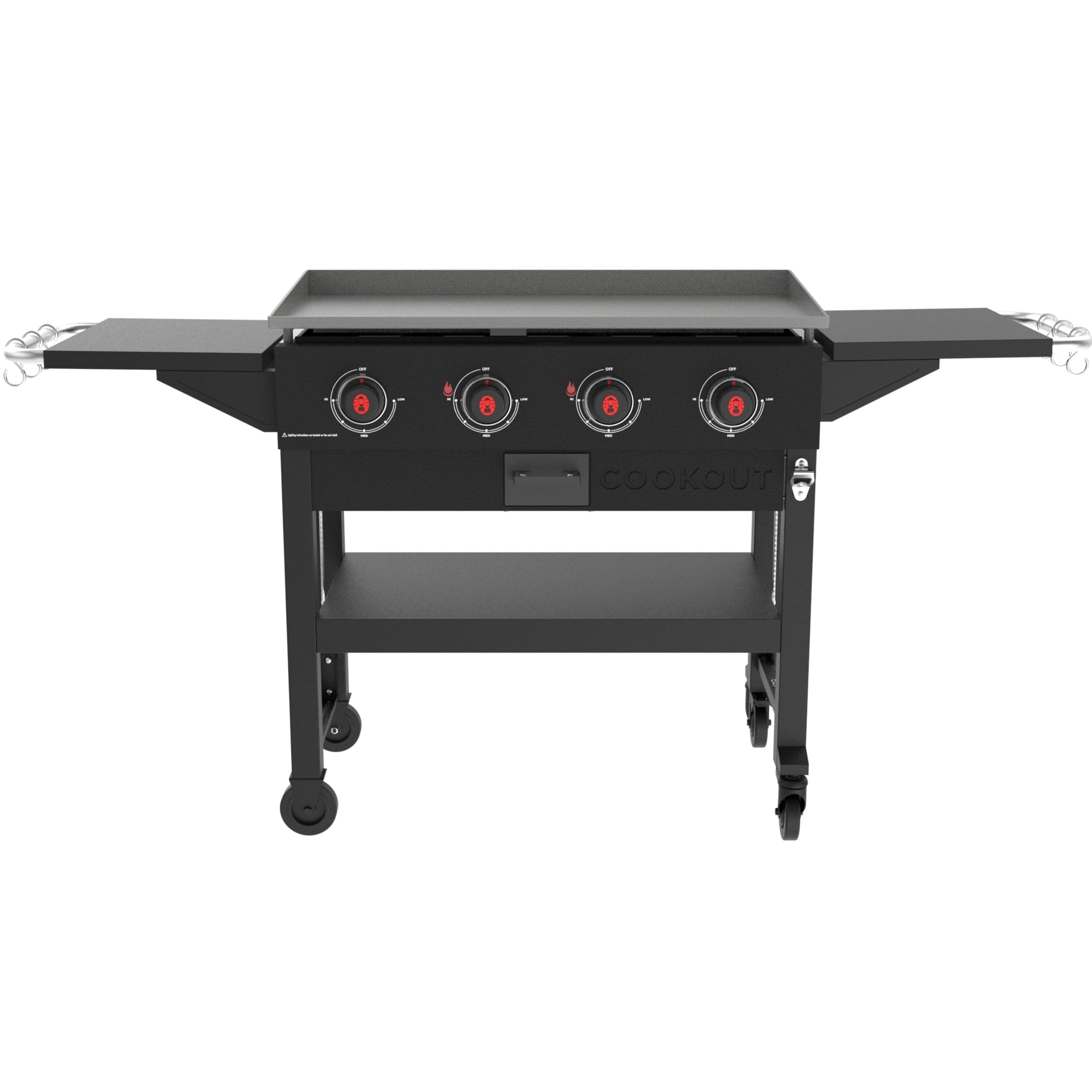 Coleman Cookout 4-Burner 60,000 BTU Propane Gas Grill Griddle Station - 720 Sq. In. Cooking Surface with Grease Tray, 2 Side Shelves & 4-Wheel Cart - Outdoor BBQ, Camping & Tailgating Grill for Backyard & Picnic Cooking