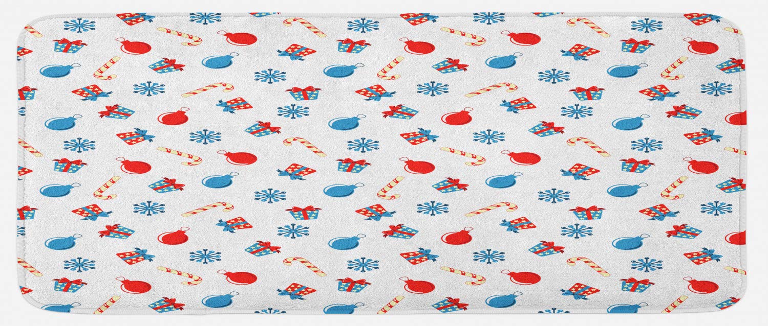 Ambesonne Christmas Kitchen Rug - Non-Slip Plush Holiday Mat with Snowflakes, Gift Boxes & Candy Cane Design, 47x19 Inches, Scarlet Blue Beige - Perfect for Festive Home Decor, Kitchen Floor Protection & Holiday Gift Giving