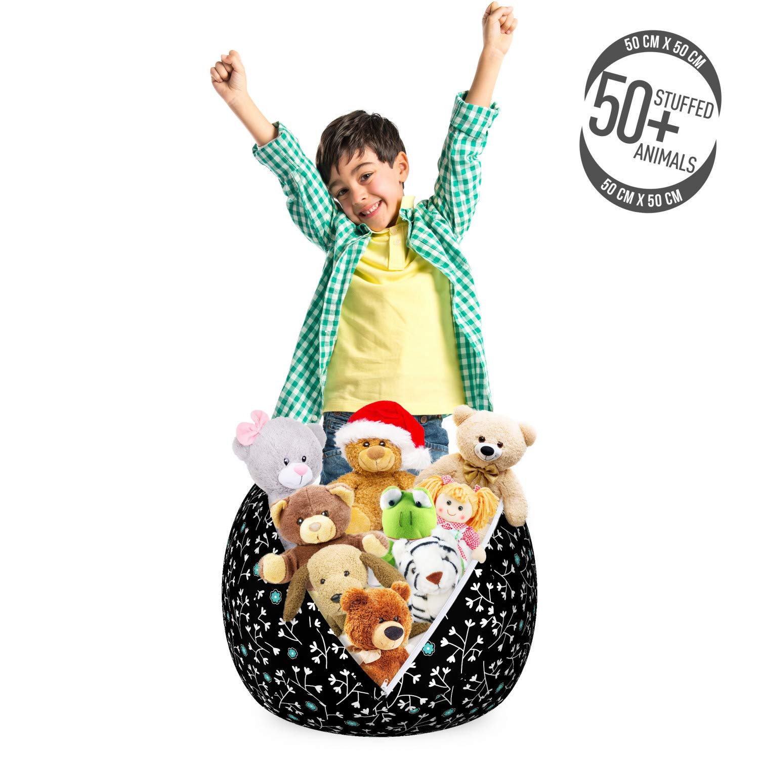 Ambesonne Floral Storage Toy Bag Chair with Graphical Pattern - Little Blossoms & Leafy Branches Stuffed Animal Organizer - Washable Small Size Charcoal Grey White - Perfect for Kids' Room, Nursery & Playroom Organization