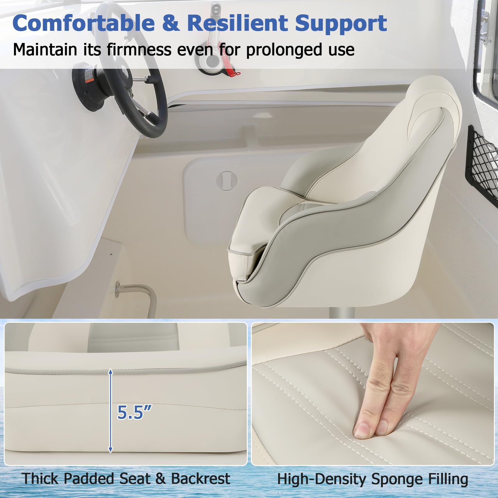 Goplus Captain Bucket Seat - Waterproof PVC Leather Pontoon Boat Chair with Thick Sponge Padding & Curve Armrest, High Back Fishing Boat Seat for Pontoon, Sightseeing, and Leisure Boating (1 Pack, Ivory & Gray) - Perfect for Comfortable Fishing Trips and Relaxing Water Tours