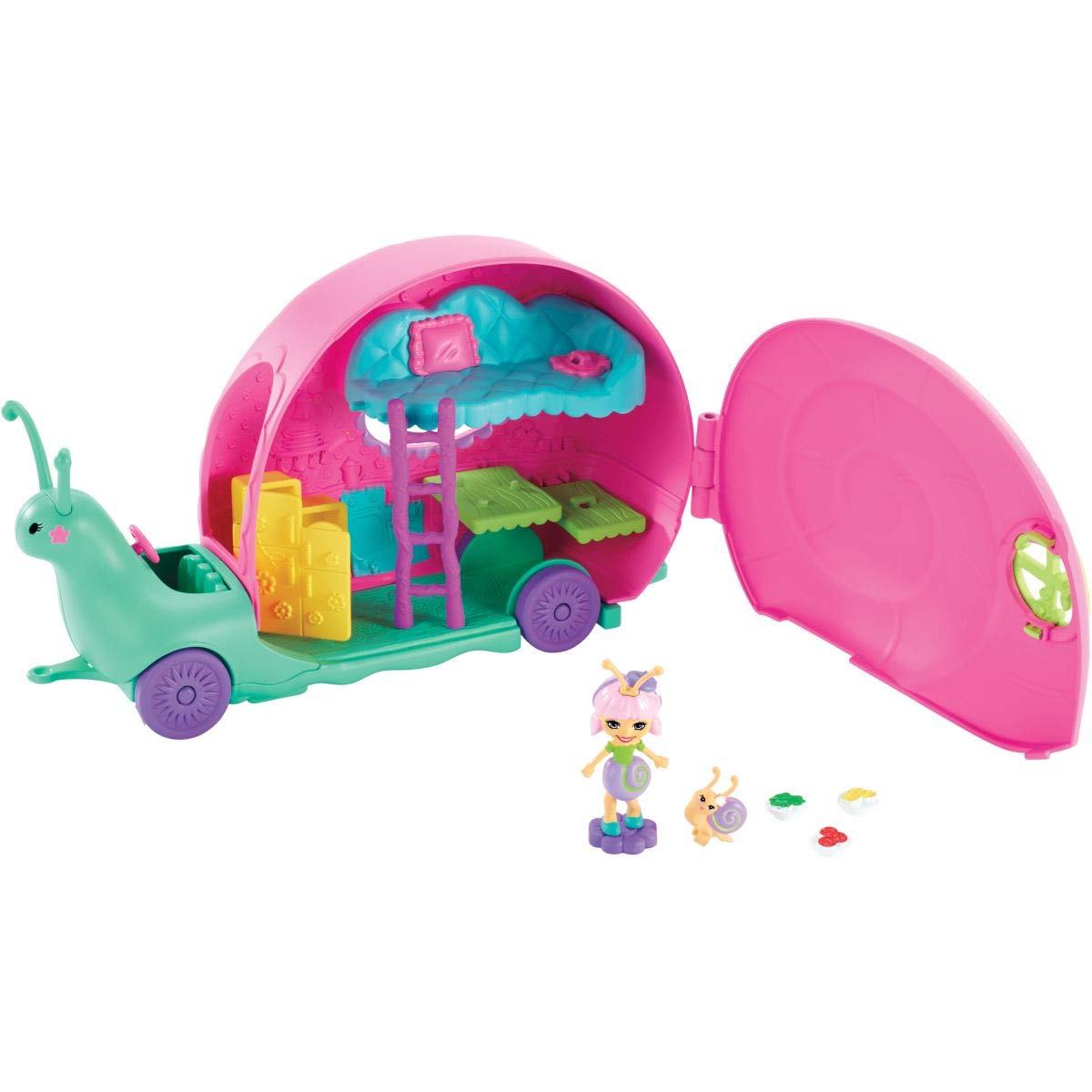 Enchantimals GCT42 Slow-Motion Camper Vehicle Playset with Saxon Snail Doll - Interactive Toy for Kids' Pretend Play & Travel Adventures