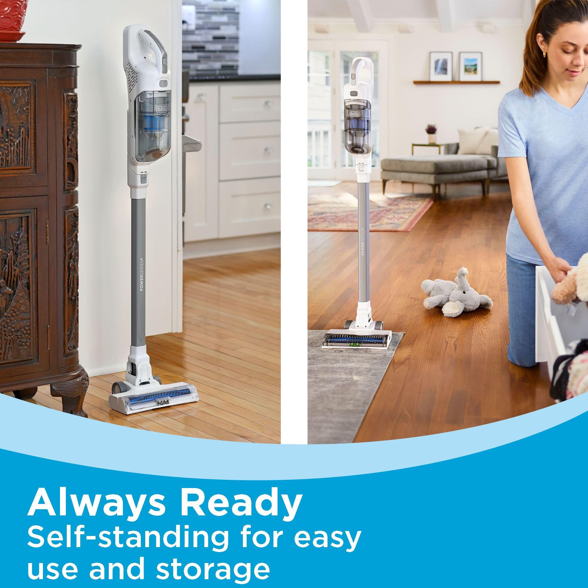 BLACK+DECKER POWERSERIES+ 16V MAX Cordless Stick Vacuum Cleaner with LED Floor Lights - Lightweight Multi-Surface Vacuum for Hardwood Floors, Carpets & Pet Hair - White (BHFEA420J) - Perfect for Quick Home Cleaning & Pet Owners