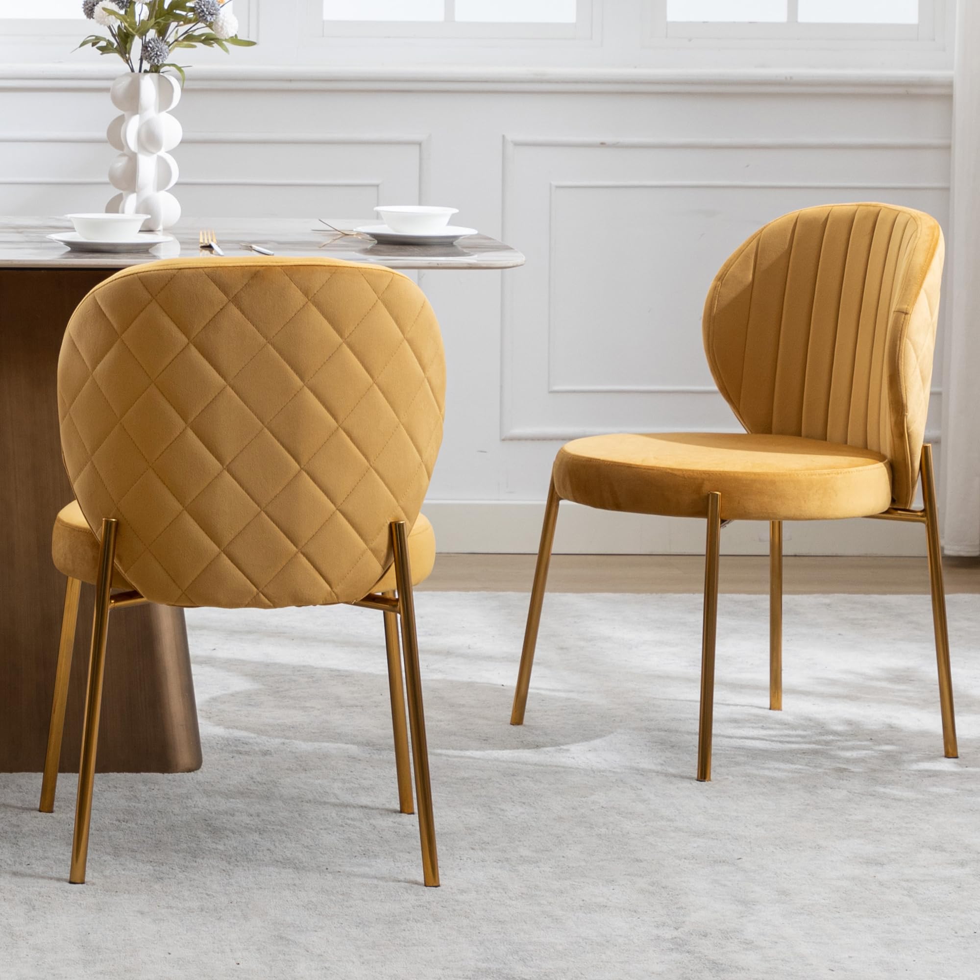 DAGONHIL Mid Century Modern Velvet Dining Chairs Set of 2 - Yellow Upholstered Vanity Chairs with Golden Metal Legs for Kitchen, Dining Room, Living Room & Bedroom - Perfect for Home Decor & Small Spaces (2PCS, Yellow)