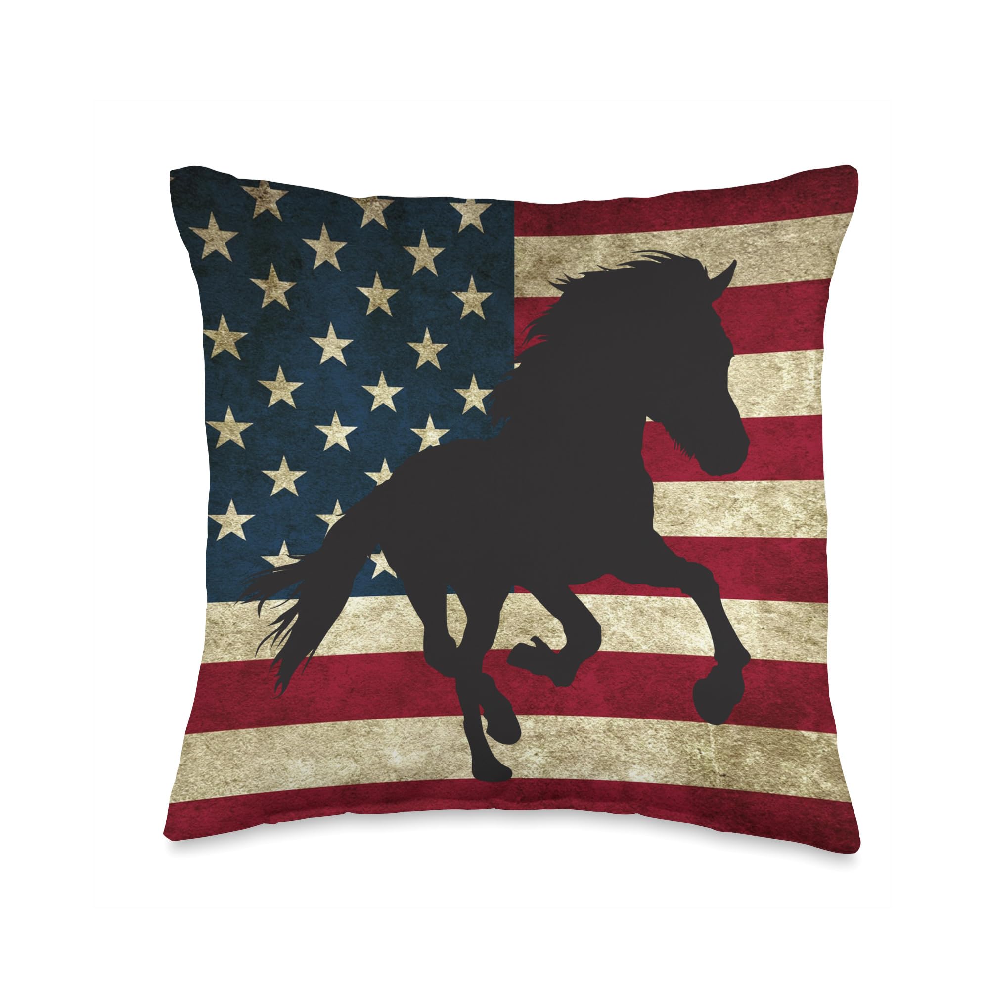 USA Patriotic Distressed American Flag Throw Pillow for Horse Lovers - 16x16 Inch Multicolor Decorative Cushion - Perfect for Farmhouse Decor, Western Home, and Equestrian Gift