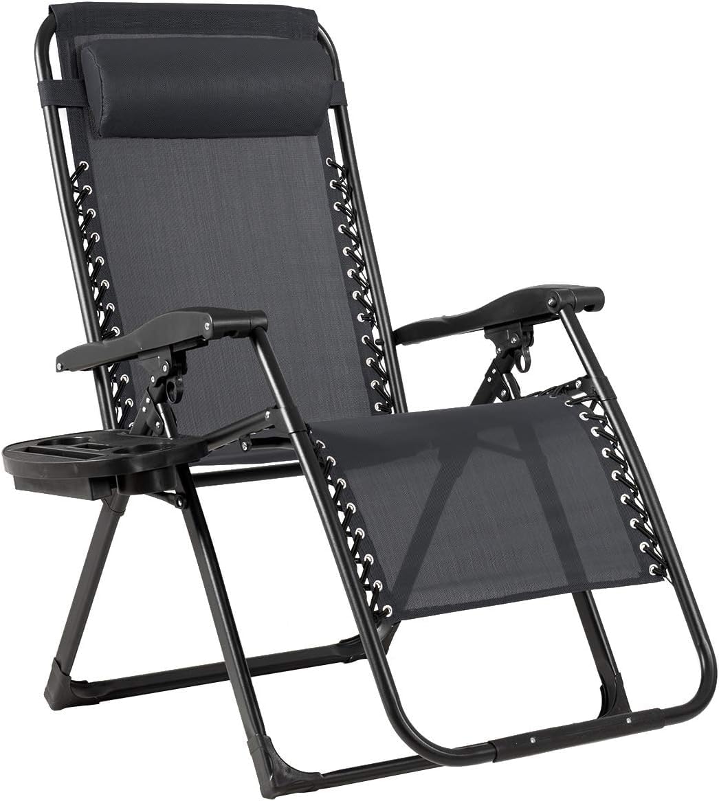 Premium Oversized Zero Gravity Chair - Heavy Duty Adjustable Recliner for Camping, Beach & Backyard - Includes Cup Holder & Support Pillow - Foldable Chaise Lounge for Poolside, Patio & Outdoor Relaxation (Black)
