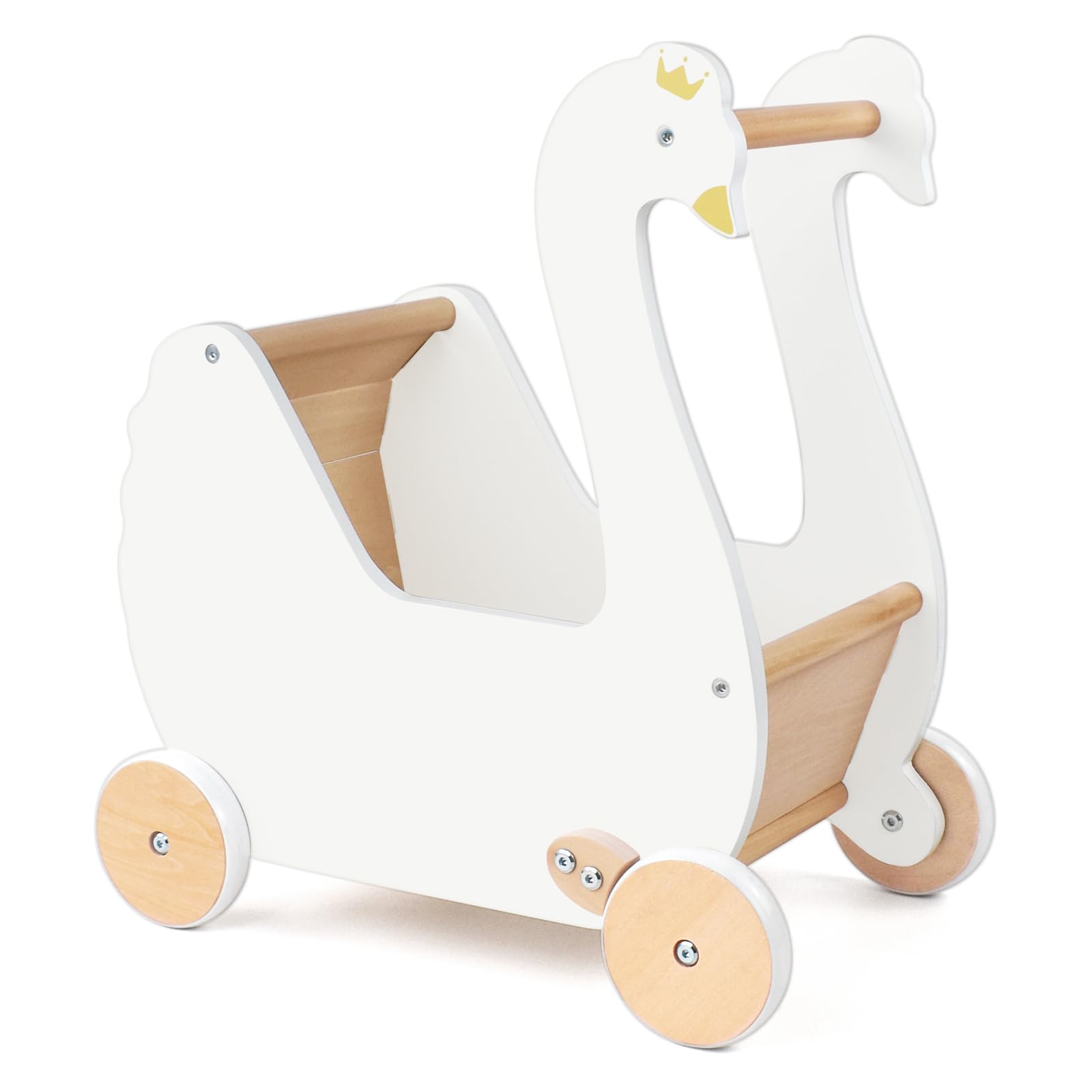 Wooden Doll Stroller for Toddlers - Baby Pram Stroller Toy with Swan Design | Safe Push Walker for Boys & Girls 18+ Months | Perfect for Pretend Play, Outdoor Walks & Nursery Decor