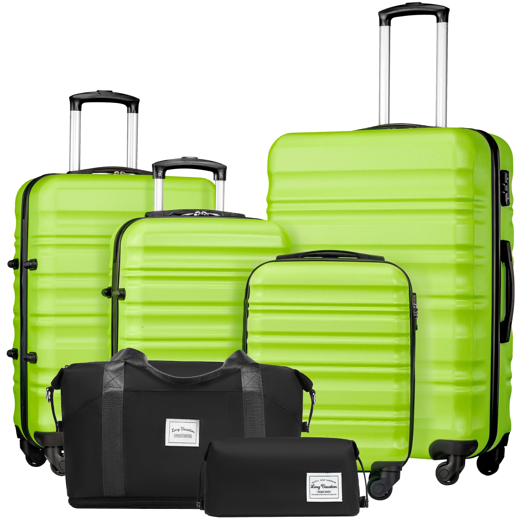 LONG VACATION 4-Piece ABS Hardshell Luggage Set with TSA Lock & Spinner Wheels - Carry On Suitcase (Apple Green, 6-Piece Set) - Perfect for Family Vacations, Business Trips & International Travel