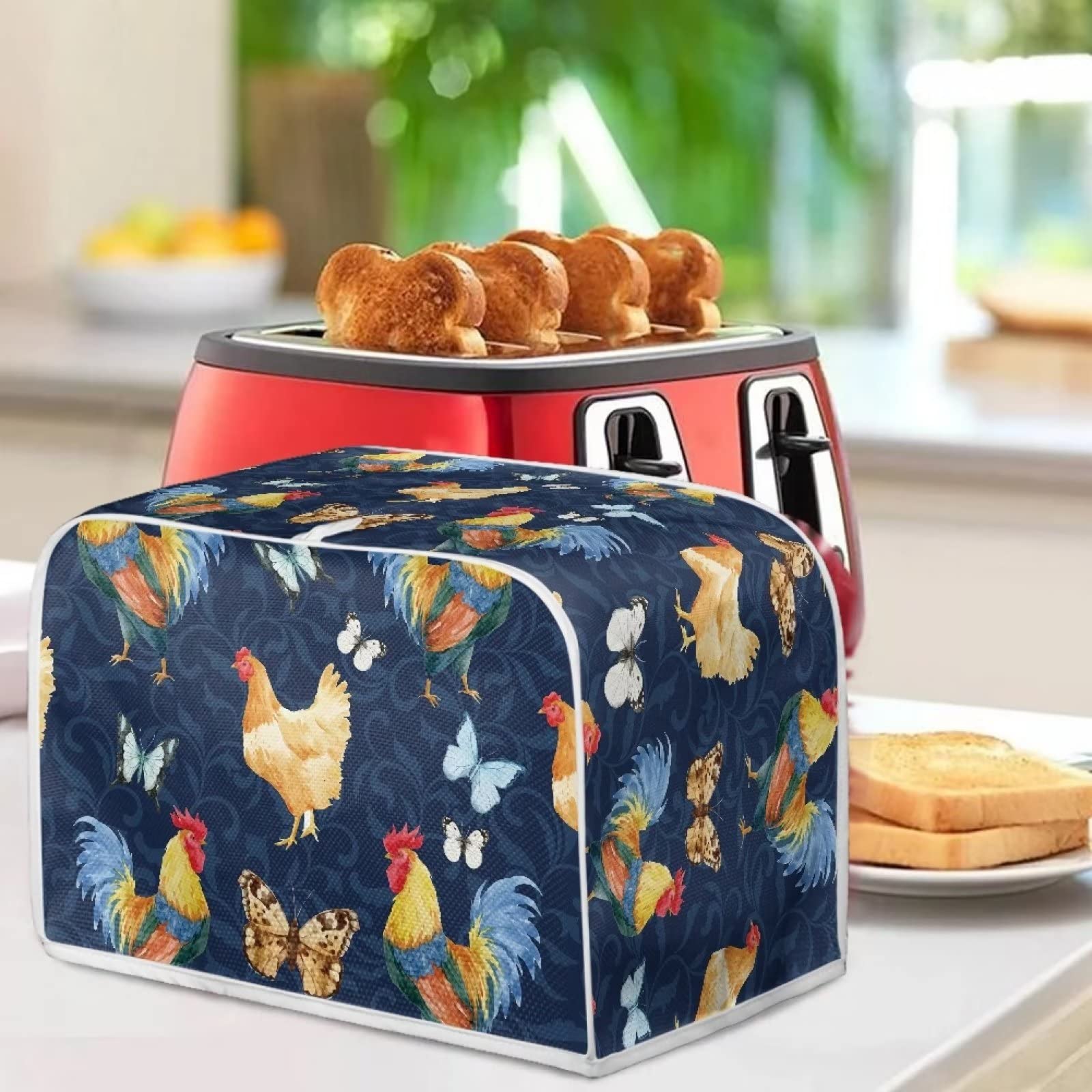 Chicken Print 4-Slice Toaster Cover - Butterfly Rooster Design Bread Maker Protector | Dustproof & Fingerprint Resistant Kitchen Appliance Cover | Machine Washable | Perfect for Toasters, Bread Machines & Small Kitchen Appliances