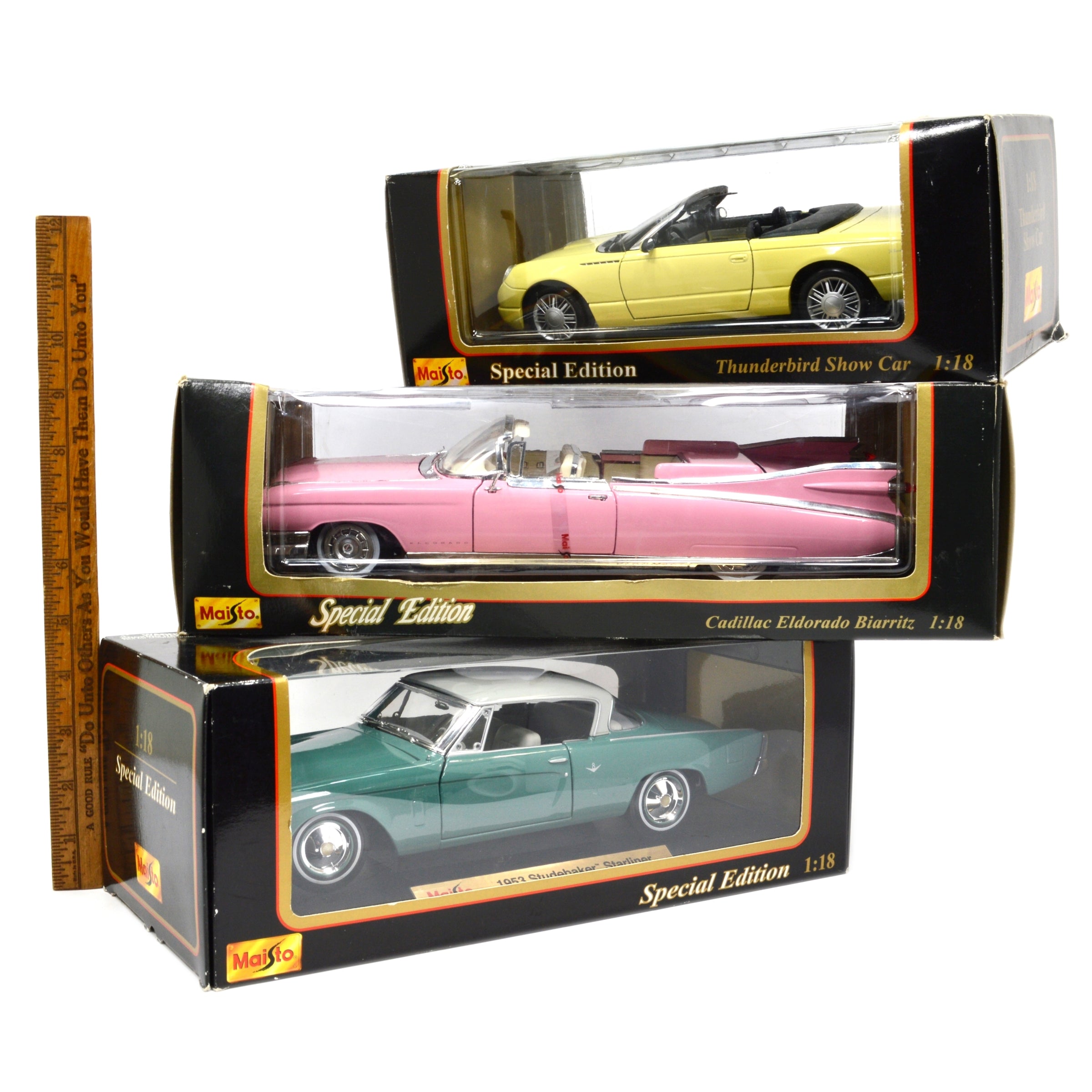 3-Pack Maisto 1:18 Scale Diecast Model Cars - Pink Cadillac, Studebaker & Thunderbird - Collectible Display Models for Car Enthusiasts & Home Decor