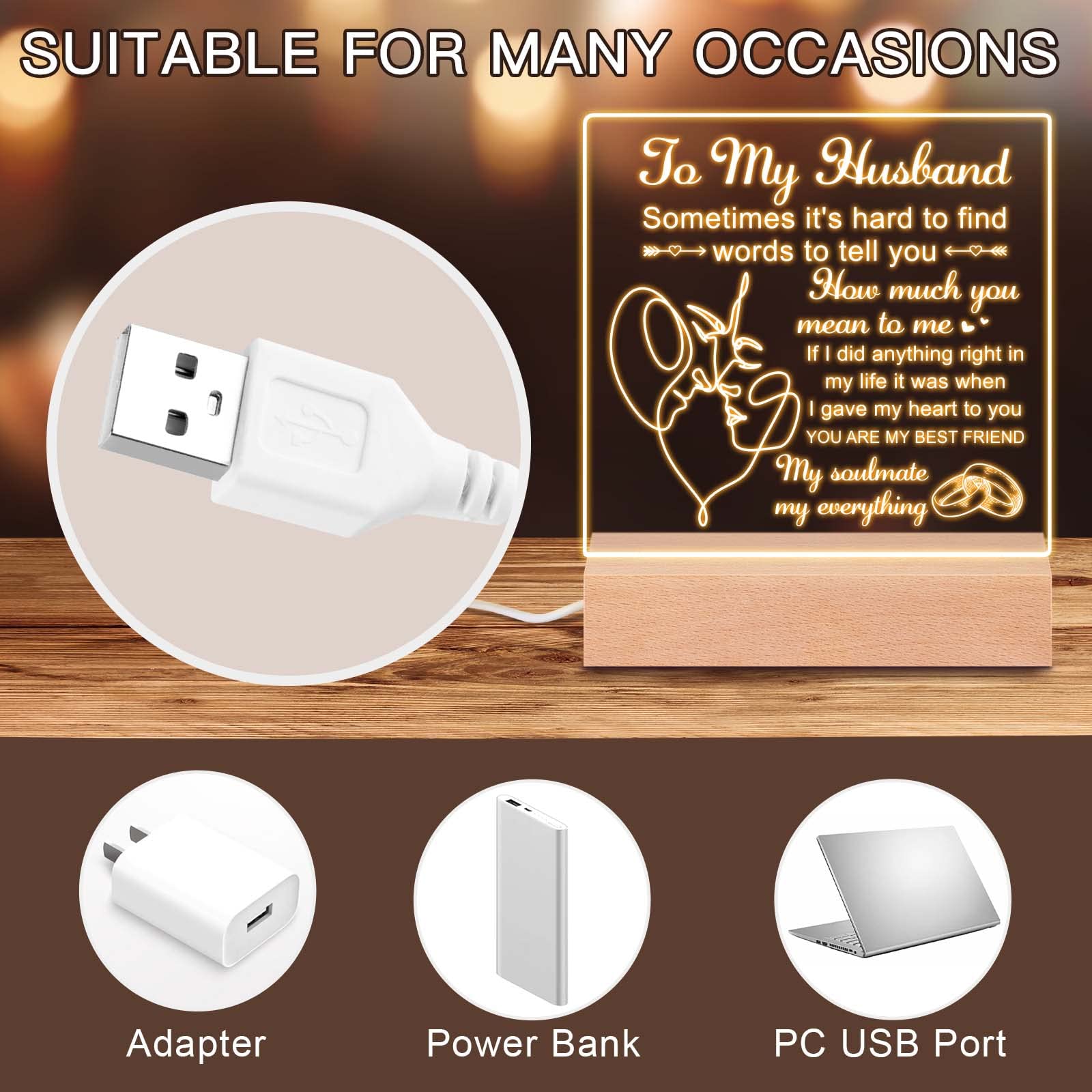 **Personalized Engraved Night Light for Husband - Wooden Base Bedside Lamp - Unique Birthday, Anniversary & Wedding Gift for Him - Perfect for Bedroom Decor & Romantic Surprises**