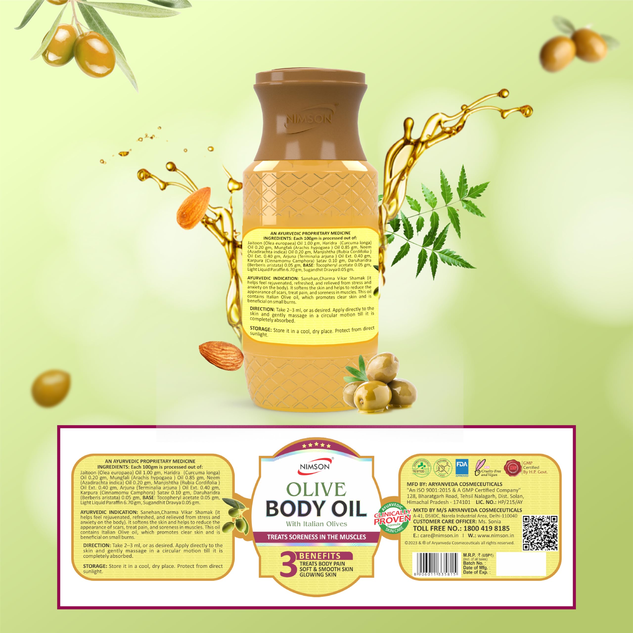 Nimson Olive Body Oil - Deep Moisturizing & Soothing Relief with Italian Olives | Hydrating Formula for Dry Skin & Radiant Glow | Ethically Sourced 200ml | Perfect for Daily Skincare & Spa Treatments
