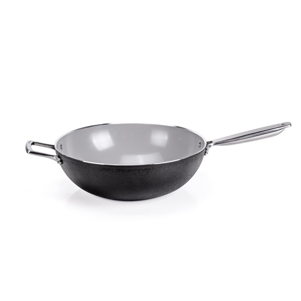 Moneta Armonia Finegres 32cm Wok Pan with 1 Handle + 1 Helper Handle, Natural FineGres Coating (PFAS-Free), Induction Compatible - 100% Made in Italy - Perfect for Stir-Frying, Sautéing & Asian Cooking
