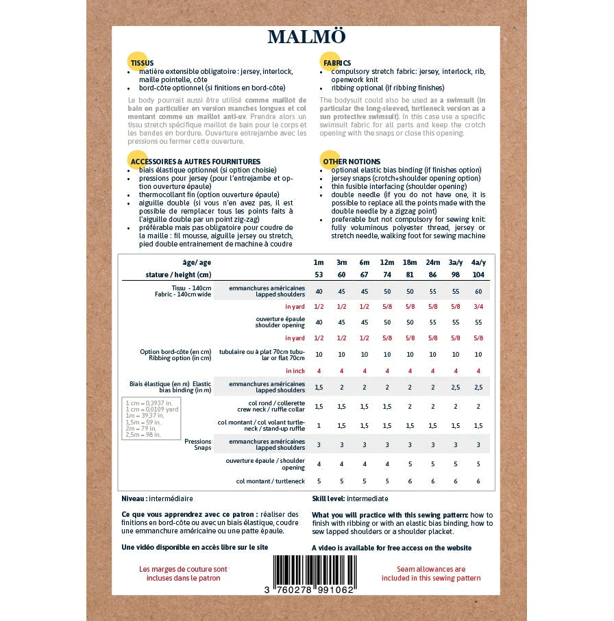 Malmo Bodysuit Pattern for Babies 1 Month to 4 Years - Soft Cotton Infant Bodysuit for Everyday Wear & Special Occasions