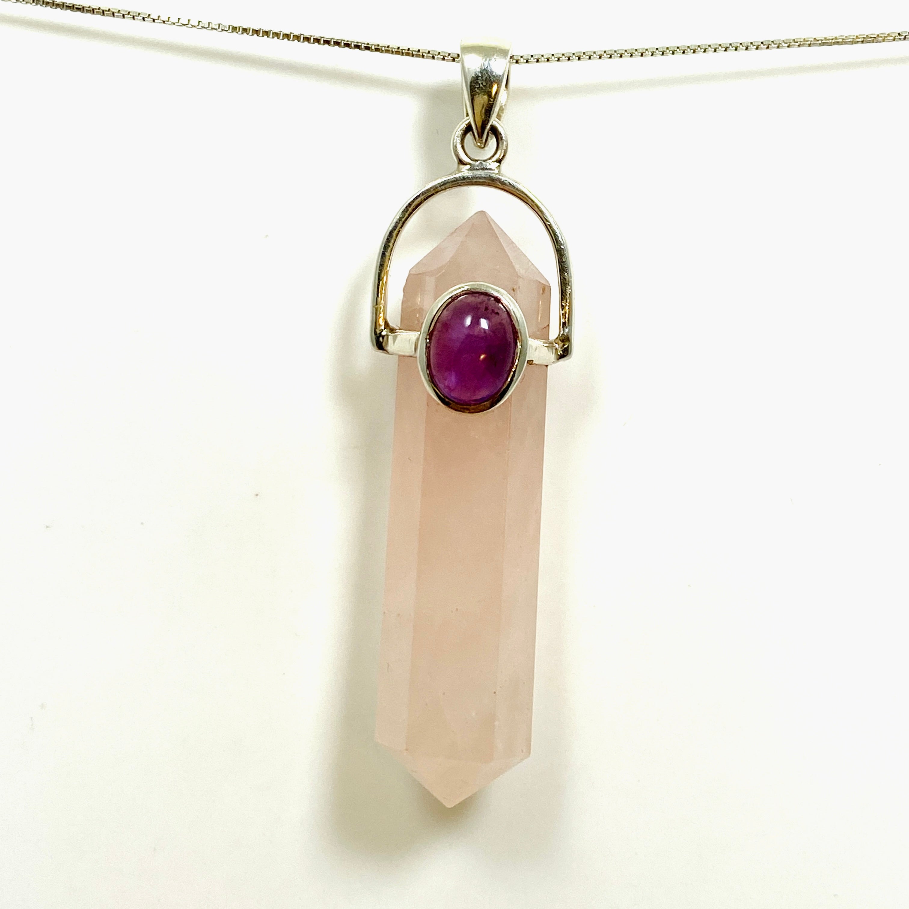 Natural Rose Quartz Double Point Pendant Necklace with Amethyst Accent Stone - PPGJ1023 | Healing Crystal Jewelry for Meditation, Energy Balancing & Spiritual Gifts