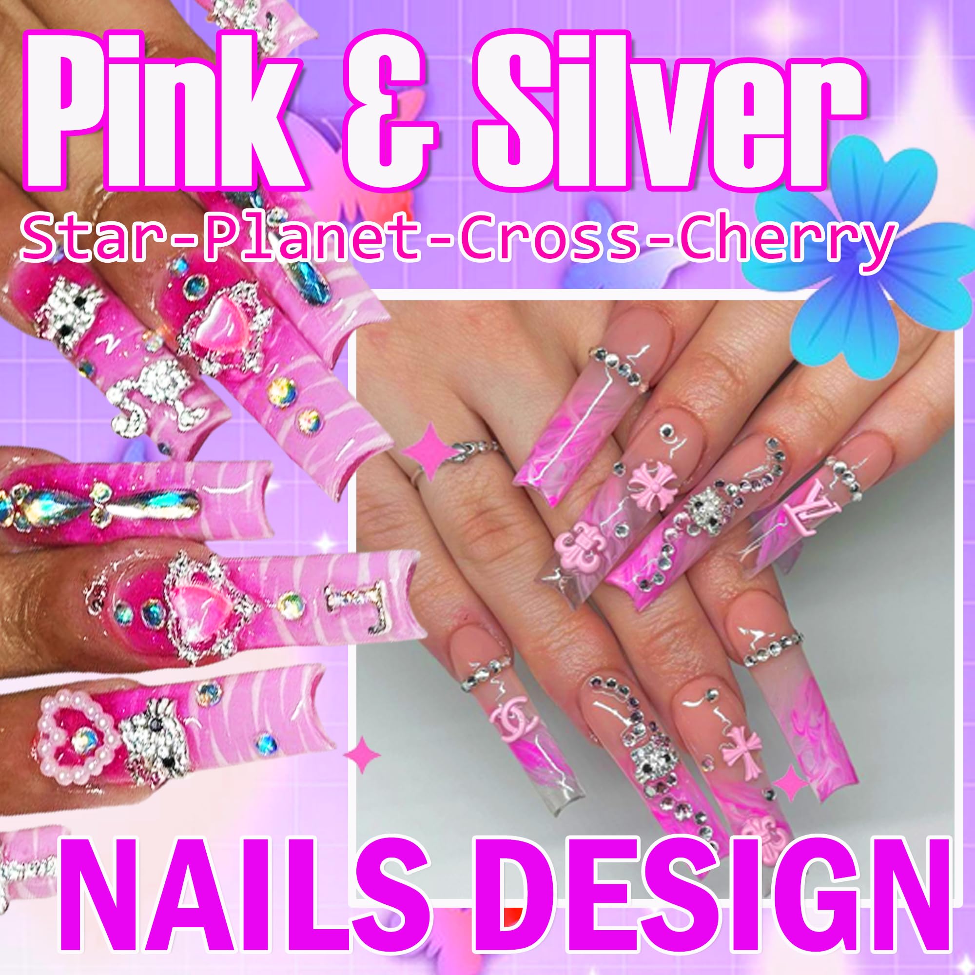 52 PCS 3D Nail Charms Set - Y2K Butterfly, Star, Cherry, Planet, Heart, Cross & Dollar Designs - Silver Chrome Rhinestones for Acrylic Nails & Nail Art - Perfect for DIY Manicures, Salon Use & Kawaii Nail Designs