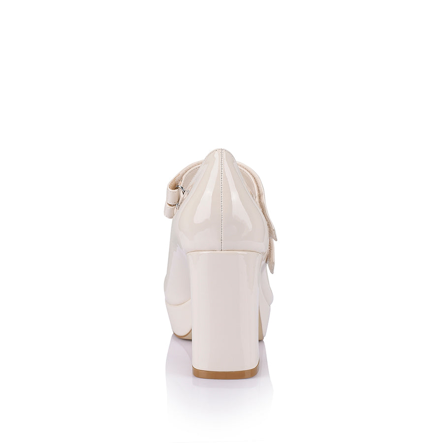 Hella Mary Jane Platform Shoes - Bone Patent Leather Women's Vintage Style Chunky Heel Pumps for Casual Outfits & Retro Fashion