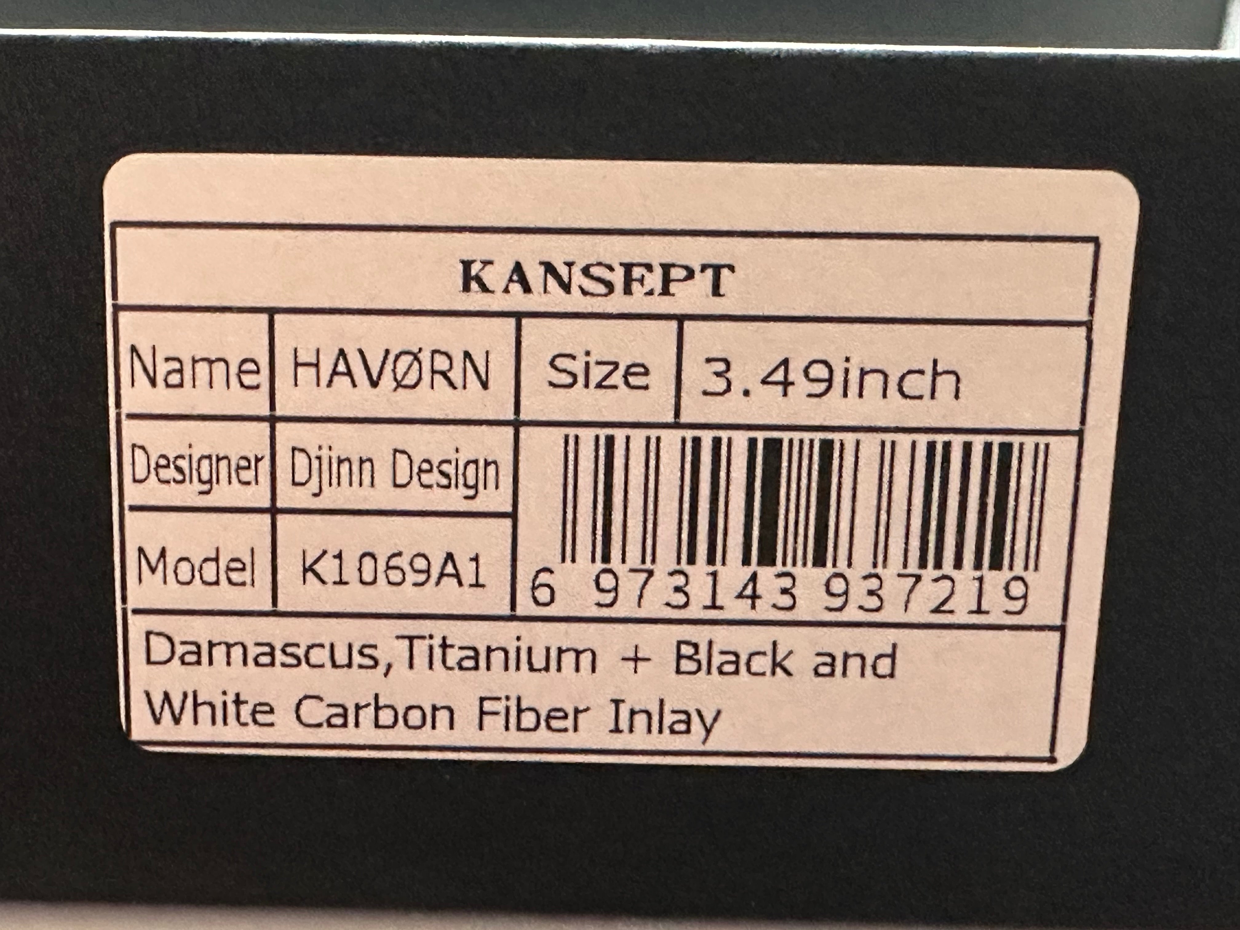 Kansept HAVORN Frame Lock Folding Knife - Black & White Carbon Fiber/Titanium Handle, 3.4