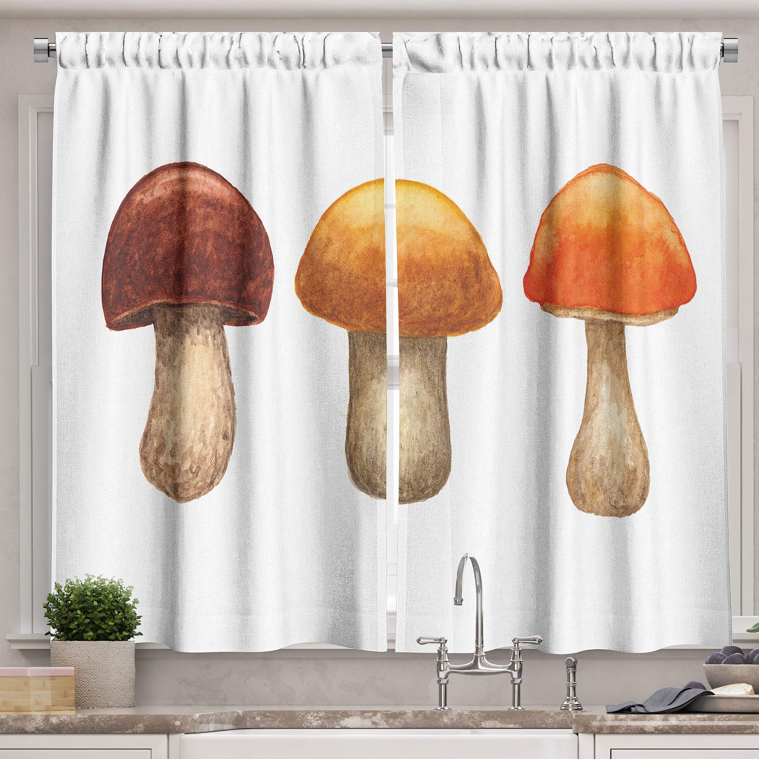 Ambesonne Nature Themed Kitchen Curtains - Watercolor Mushroom & Forest Flora Print, 55