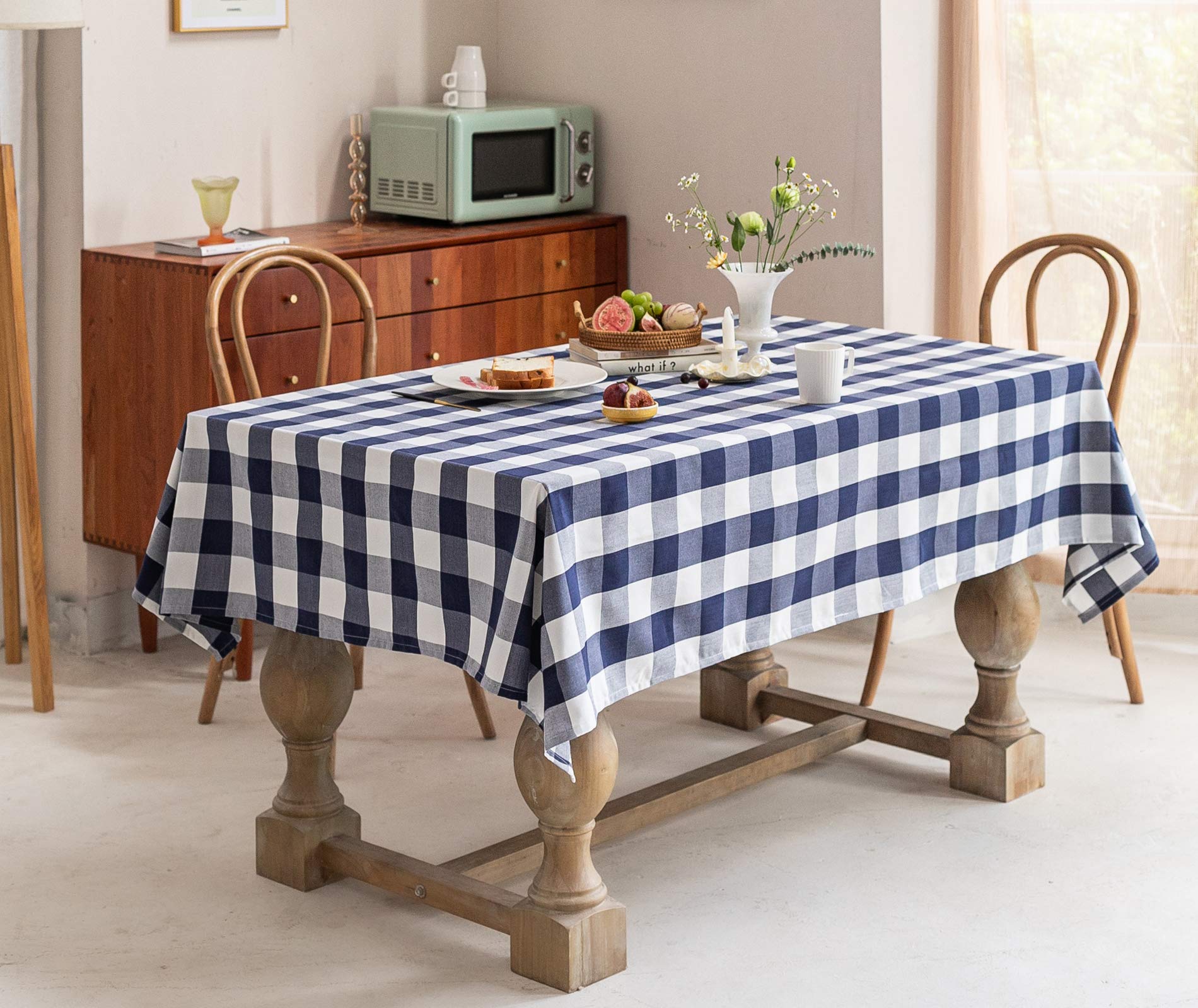 Premium Cotton Linen Round Checkered Tablecloth - Stain Resistant, Wrinkle Free & Anti-Fading - 55