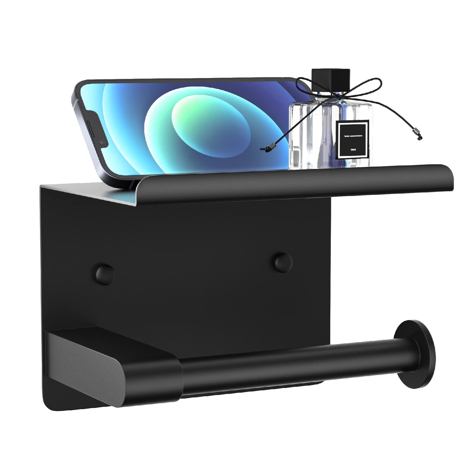 Stainless Steel Wall Mount Toilet Paper Holder with Shelf - Matte Black, Rustproof, Self-Adhesive - Fits Mega Rolls - Perfect for Modern Bathrooms & Powder Rooms