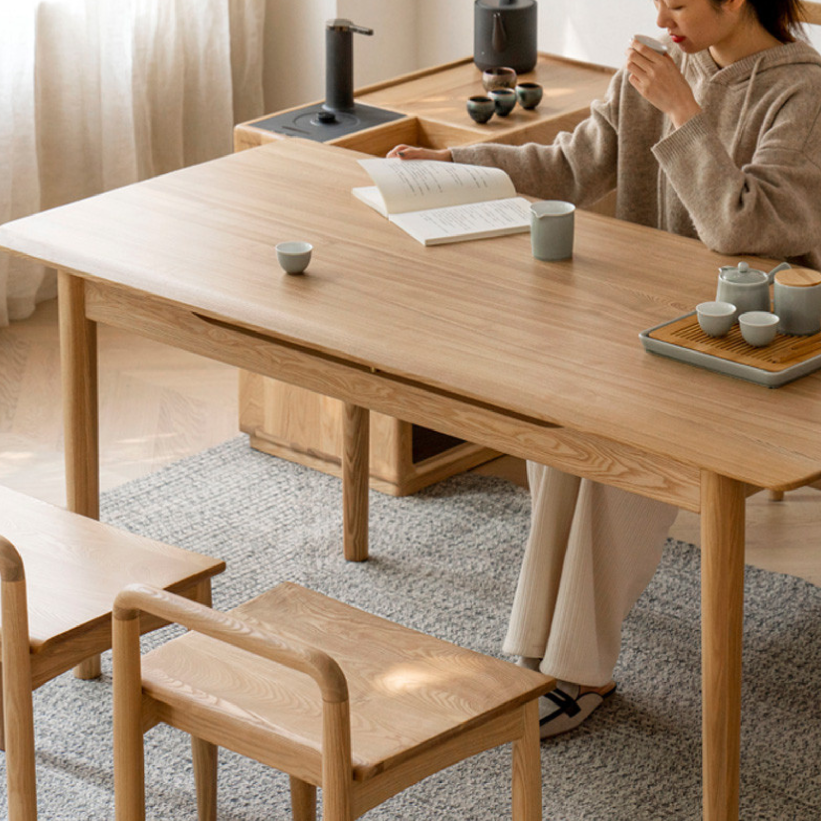 Premium Oak & Ash Solid Wood Tea Maker Set with Integrated Tea Table - Perfect for Home, Office & Zen Tea Ceremonies