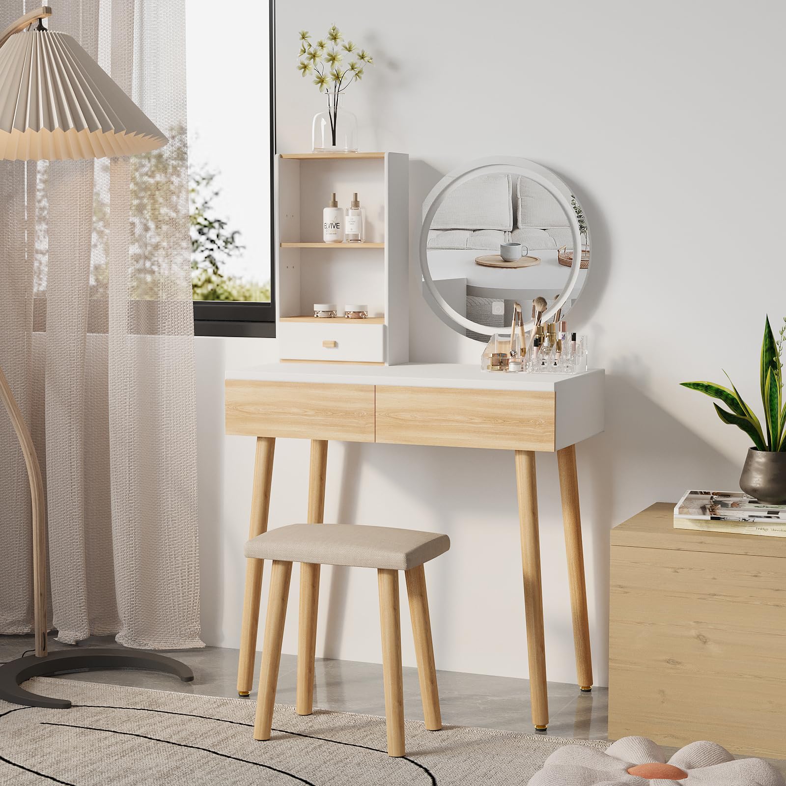 YOURLITE Makeup Vanity Desk with LED Lights - Adjustable Brightness Mirror, Compact Vanity Table with Drawers & Storage Shelves for Small Spaces - Perfect for Bedroom, Dorm & Apartment Beauty Setup