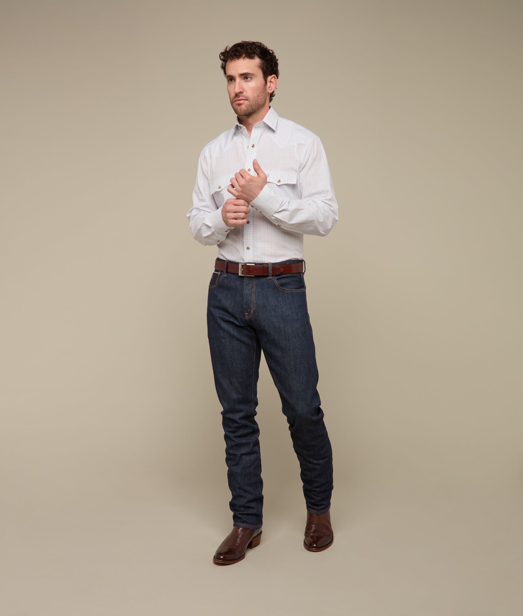 El Paso Plaid Shirt - Blue and Tan Mini Check Pattern Casual Button-Up for Men | Perfect for Office, Outdoors & Everyday Wear