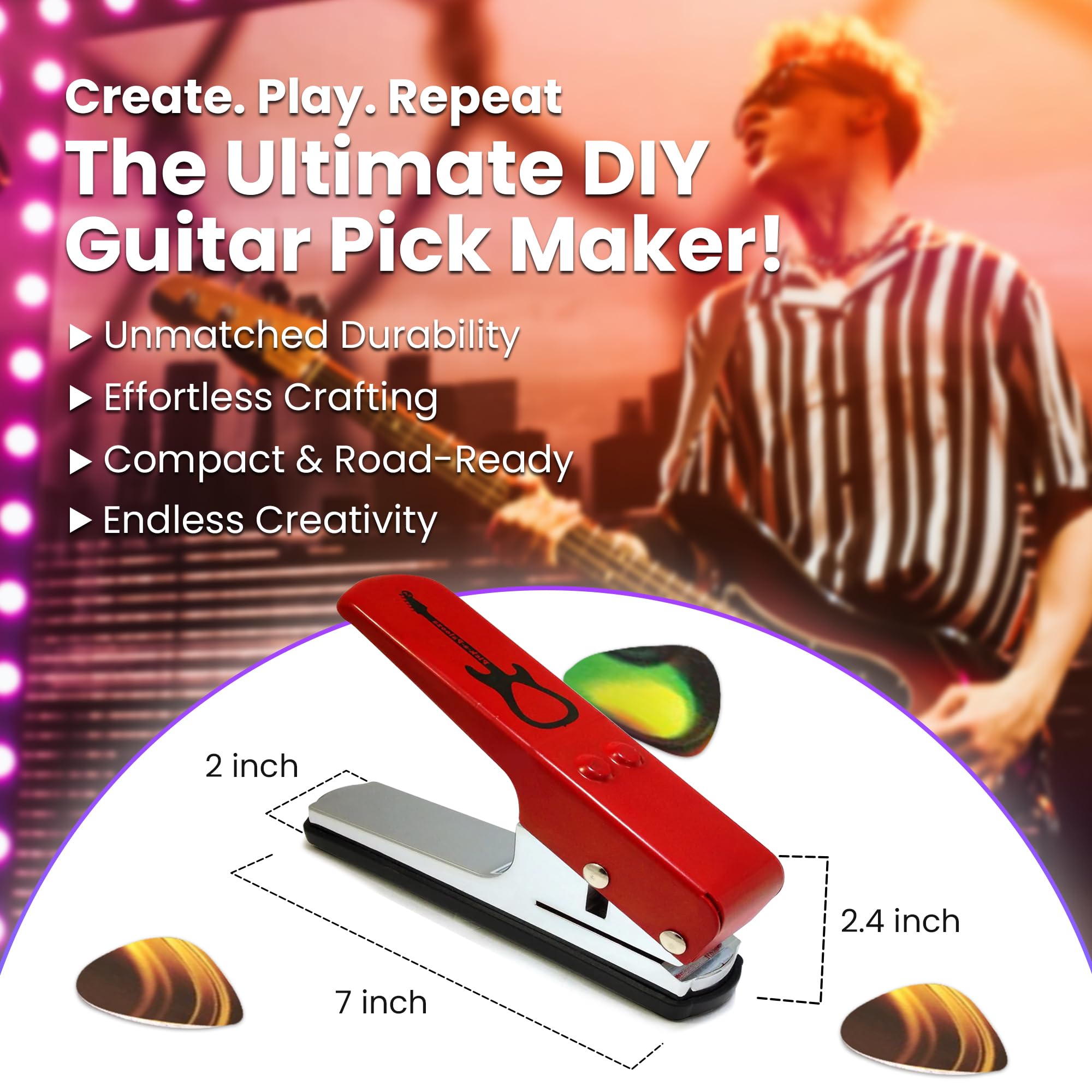 DIY Guitar Pick Punch Kit - Premium Pick Maker with Leather Keychain Holder, 4 Pick Strips & File - Red - Perfect for Musicians, Guitarists & Craft Lovers (Great Gift for Music Enthusiasts)