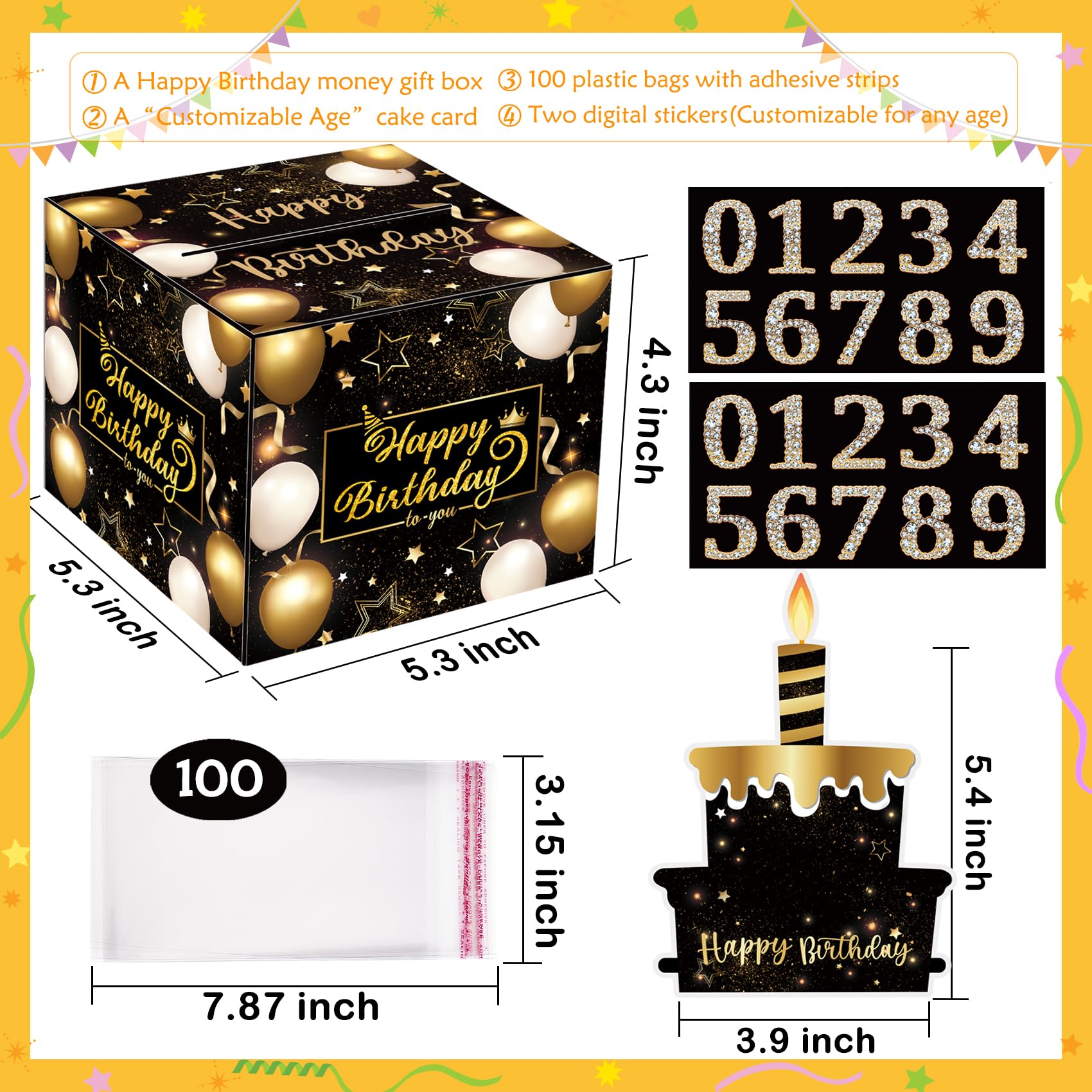 DIY Birthday Money Gift Box with Pull-Out Card & 100 Bags - Perfect for Cash Gifts & Surprise Parties