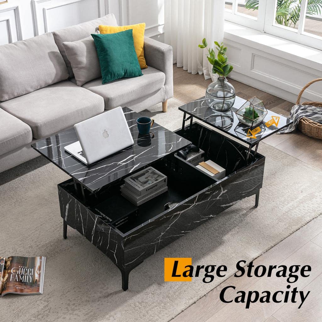 COSVALVE Lift Top Coffee Table with Hidden Storage, Marble Surface 2-Side Lift Tabletop - Modern Black Lift-Top Dining Table & Work Desk for Living Room, Home Office, Reception Area | Space-Saving Multi-Functional Furniture for Small Apartments & Studios