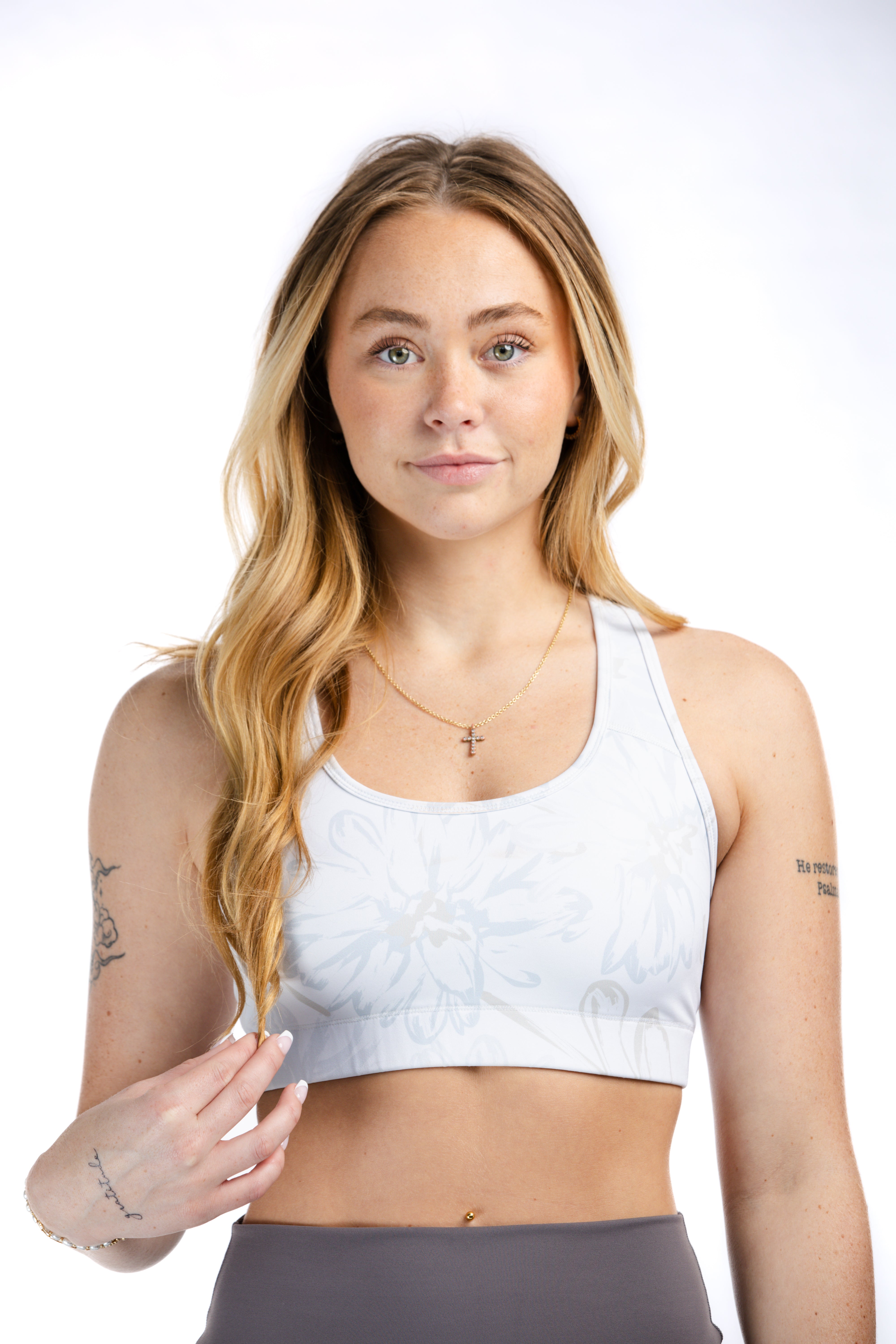 High Support Sports Bra for Women - Grey & Tan Floral Pattern Workout Top | Perfect for Yoga, Running & Gym Fitness Activities