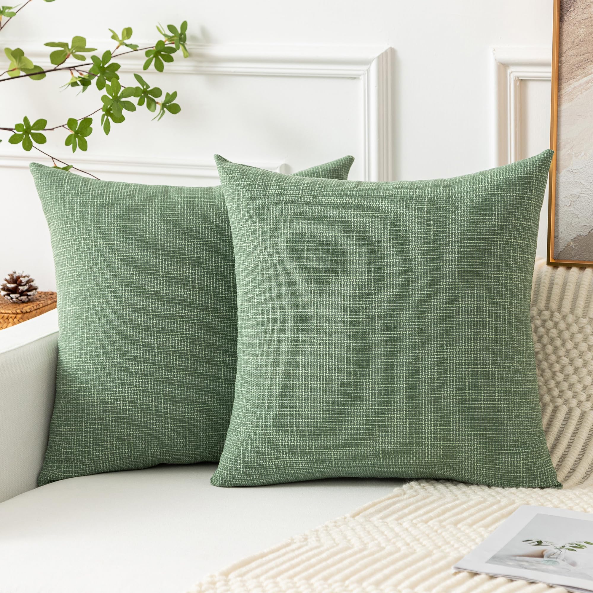 Kevin Textile Set of 2 Sage Green Linen Pillow Covers 18x18 Inch - Farmhouse Boho Decorative Throw Pillow Covers for Sofa, Couch, Bed & Home Décor - Perfect for Living Room, Bedroom and Seasonal Home Styling