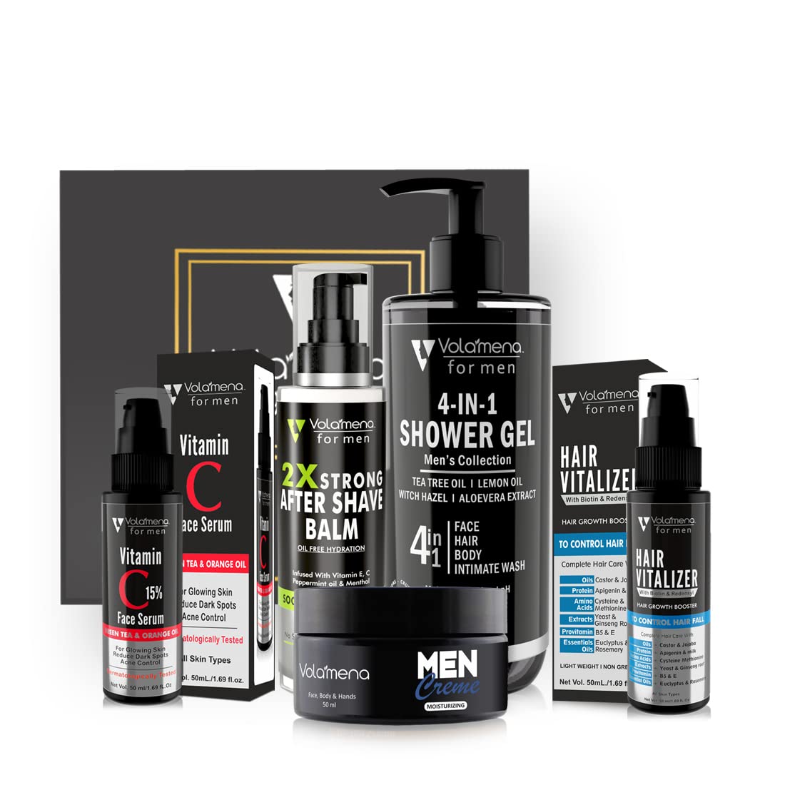Volamena Complete Men's Grooming Kit - 4-in-1 Body Wash, Hair Vitalizer, Moisturizing Cream, Vitamin C Face Serum & After Shave Balm (5-Pack) | Daily Skincare Routine for Men | Perfect Gift for Father's Day & Birthdays
