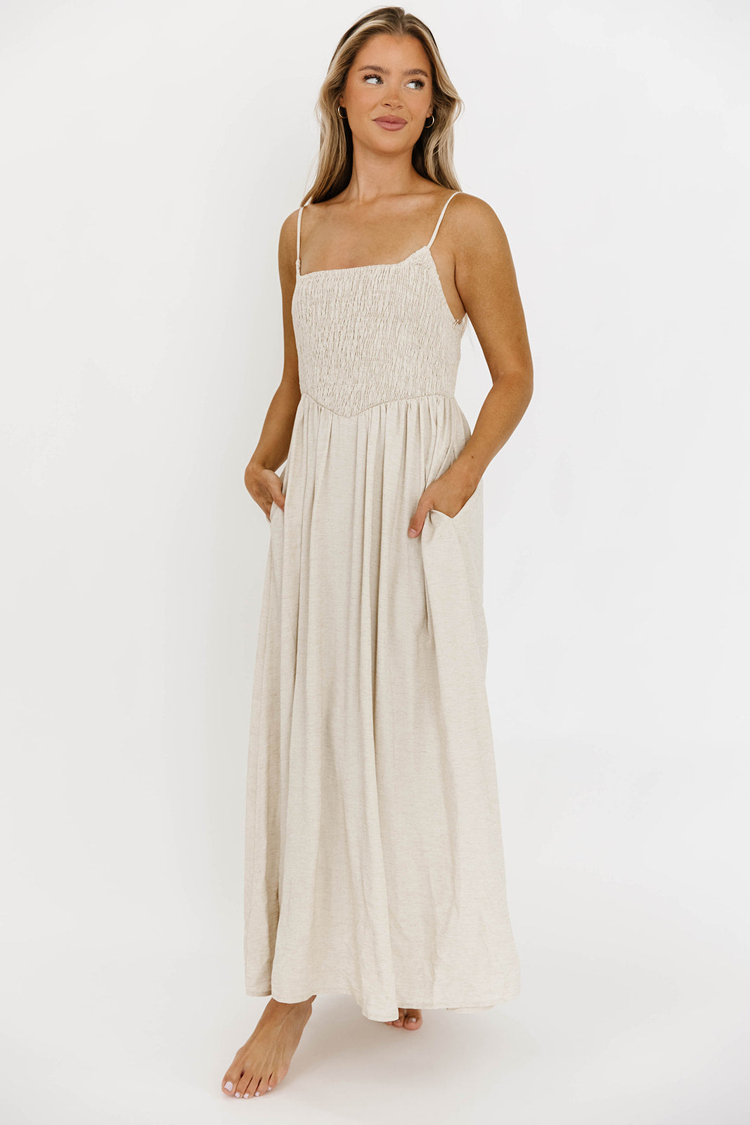Josefina Smocked Maxi Dress in Natural - Bump Friendly Maternity Dress for Pregnancy & Nursing | Perfect for Baby Showers, Beach Vacations & Summer Weddings