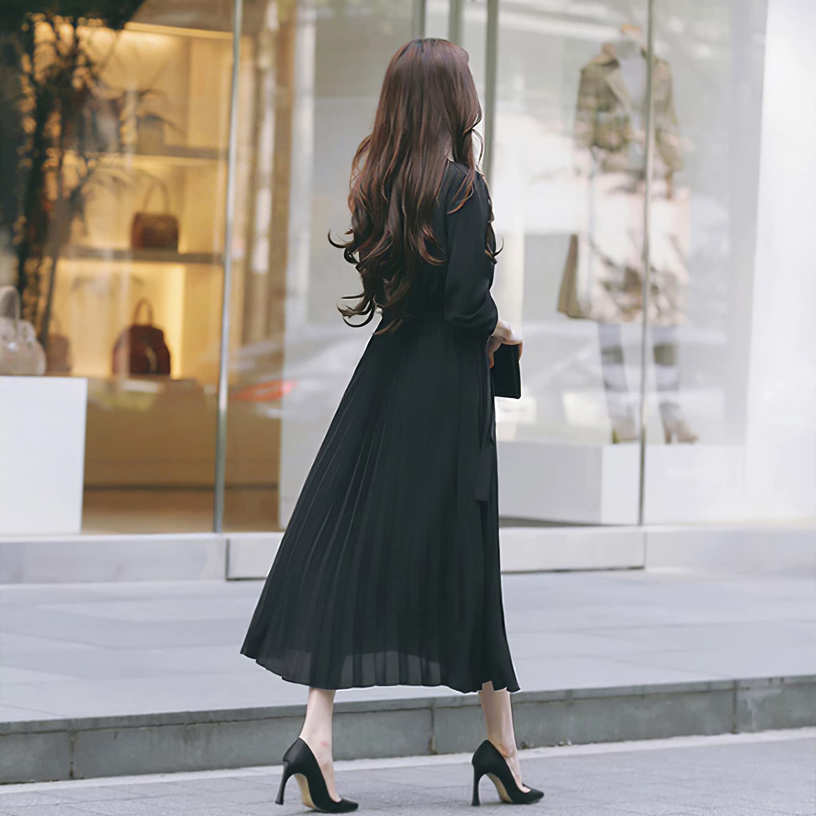 Women's Pleated Long Sleeve Loose Maxi Dress with Tie Waist - Casual Flowy Dress for Spring Summer, Beach, Vacation & Everyday Wear