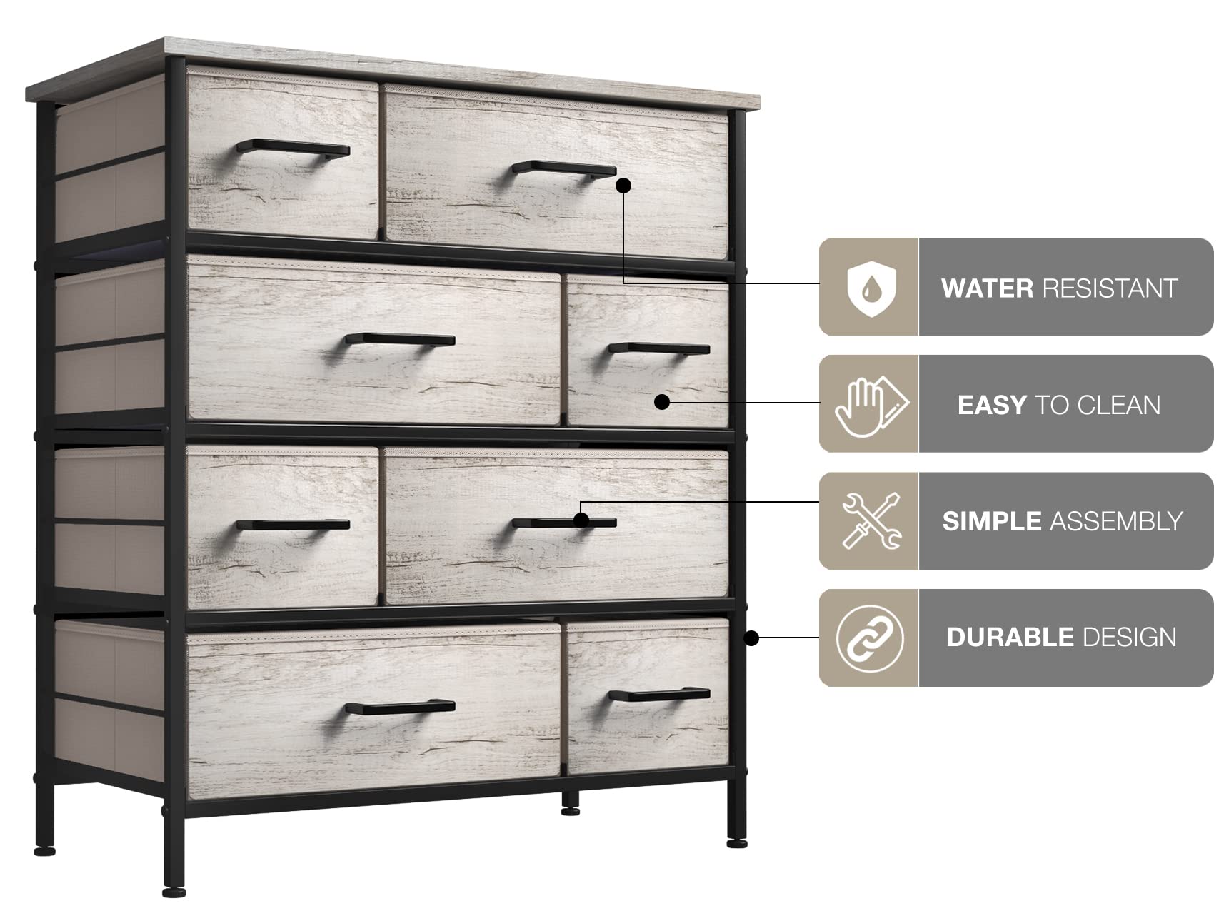 Sorbus 8-Drawer Fabric Dresser for Bedroom - Sturdy Steel Frame with Wood Top & Faux Wood Fabric - Tall Clothes Storage Chest - Portable Standing Wardrobe Organizer - Perfect for Small Spaces, Dorm Rooms & Apartment Closets