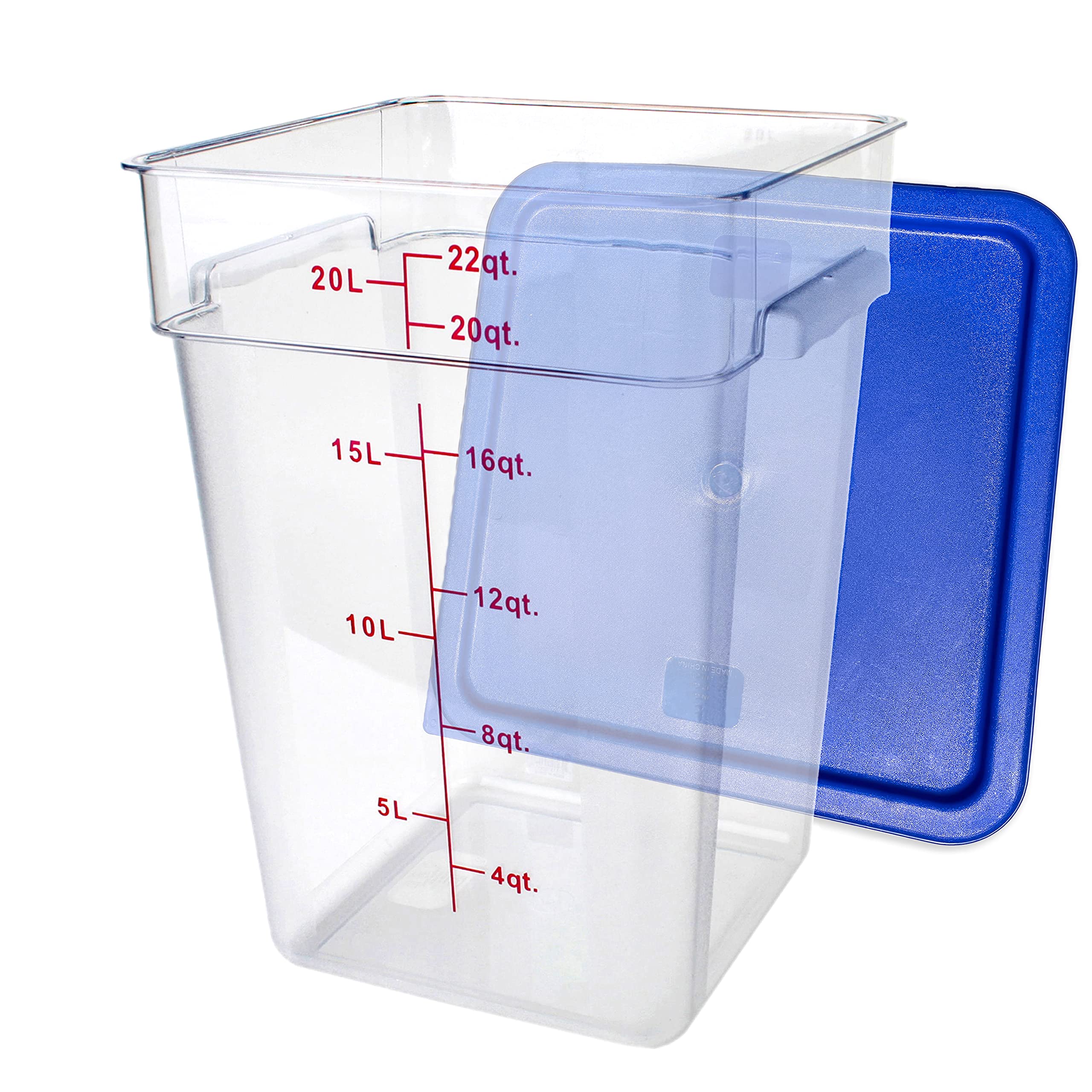 Tiger Chef 22 Quart Commercial Grade Clear Polycarbonate Food Storage Container with Blue Lid - Durable Restaurant & Kitchen Organization for Bulk Food Prep, Meal Storage