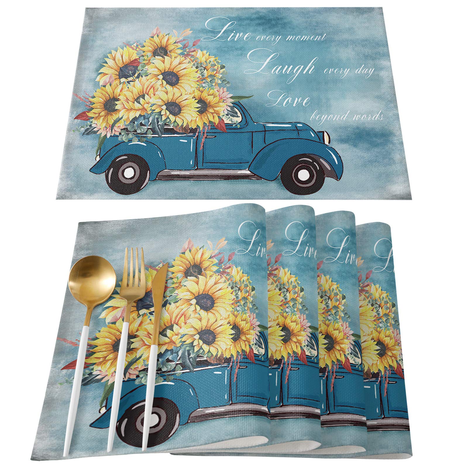 Farmhouse Style Cotton Linen Placemats Set of 4 - Sunflower Truck Design, Heat Resistant & Non-Slip Table Mats for Dining, Washable Kitchen Placemats for Holiday Banquets, Home Decor & Everyday Use