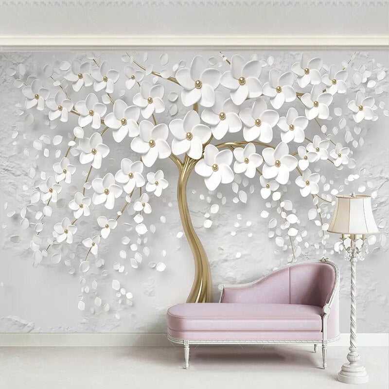 Stunning Tree with White Flowers Wallpaper - Nature-Inspired Wall Art for Living Room, Bedroom & Office Decor
