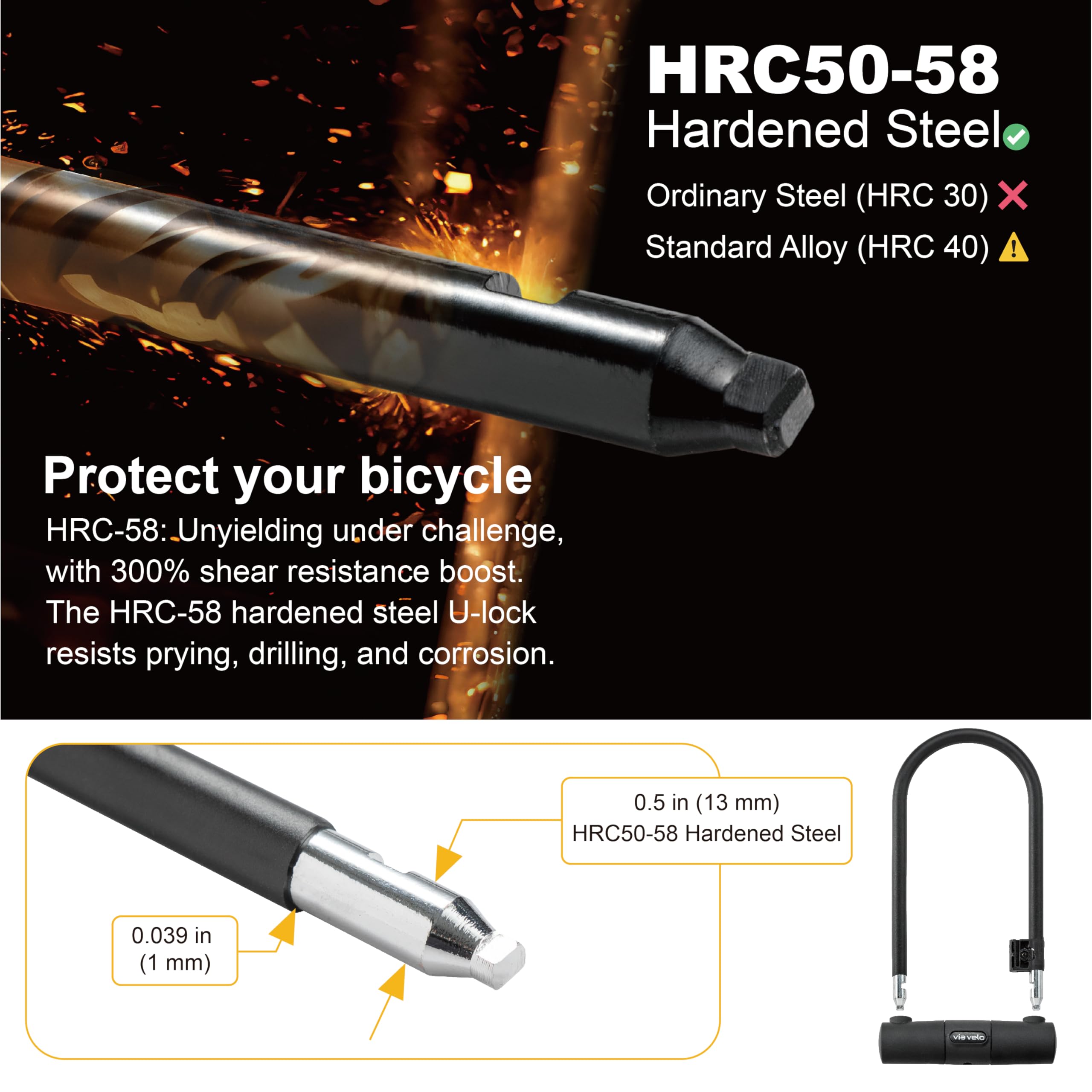 Via Velo Heavy Duty Bike U Lock with 6ft Cable - 15mm Anti-Theft Shackle (9.25