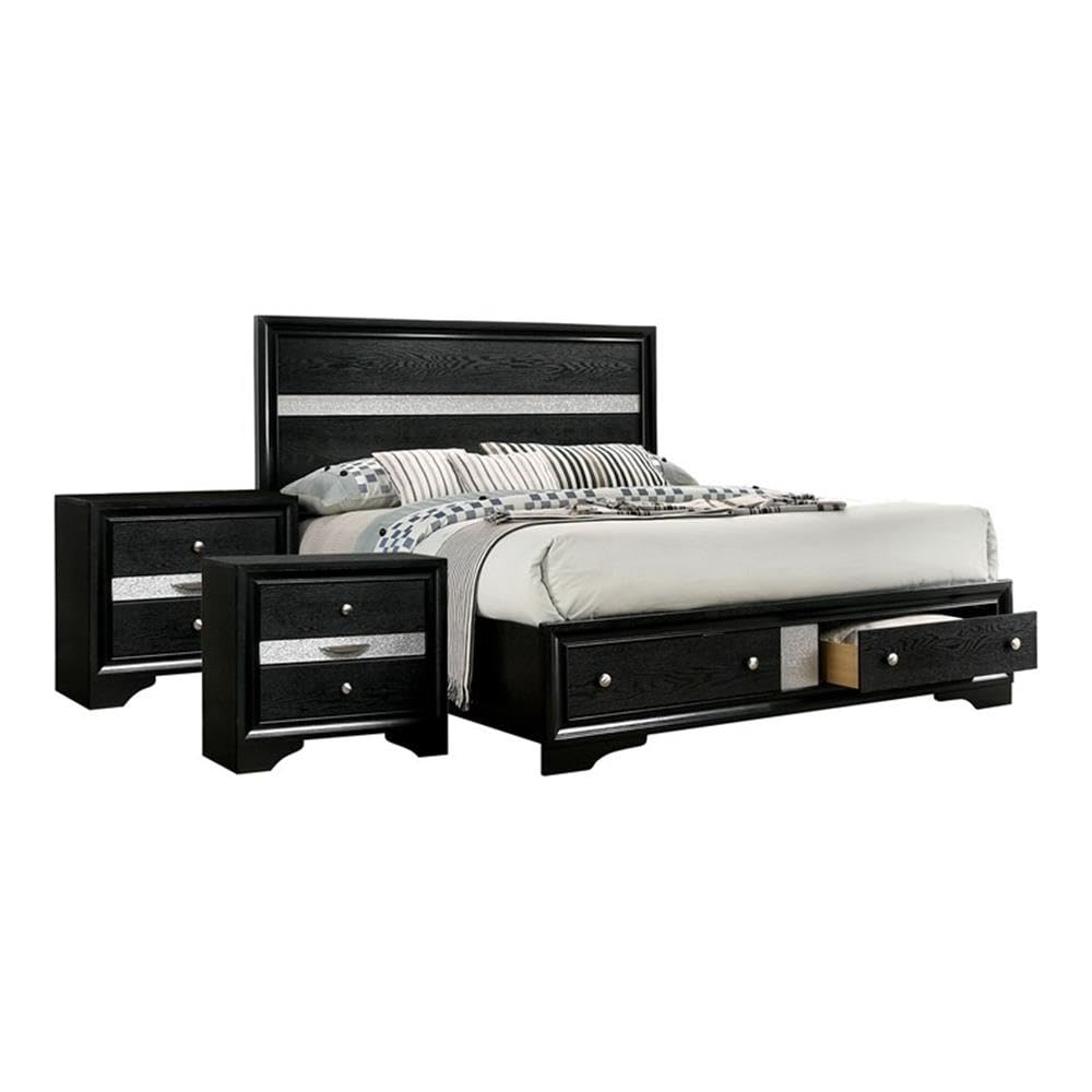 FOA Laren Contemporary 3-Piece Black Wood Bedroom Set - Queen Size Bed & 2 Nightstands | Modern Bedroom Furniture for Home Decor | Perfect for Master Bedroom, Guest Room & Apartment Living