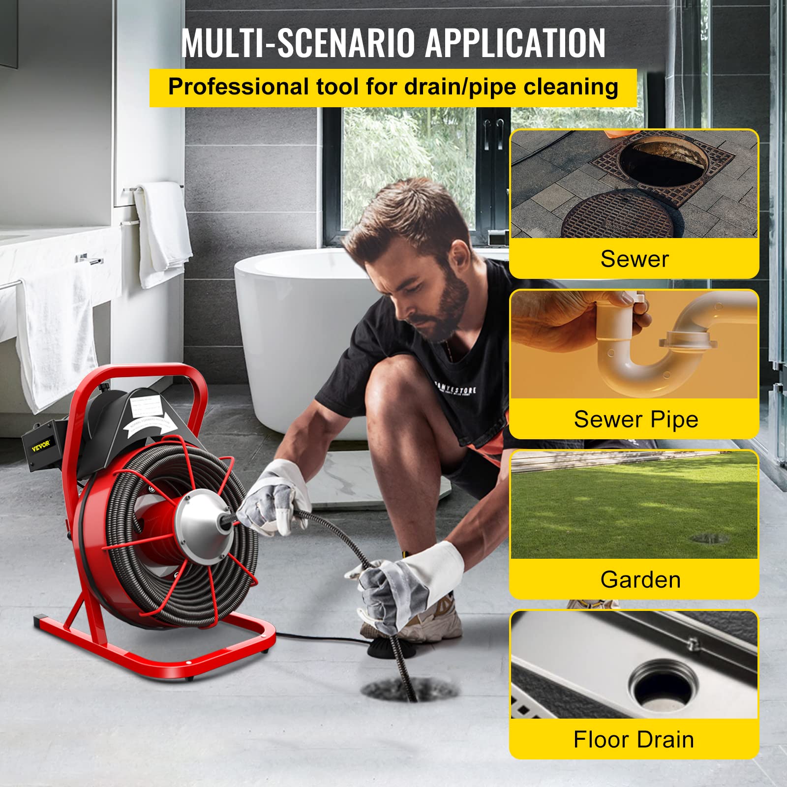 VEVOR Electric Drain Cleaner Machine - 75 Ft x 3/8 Inch Drain Snake for 1-4 Inch Pipes, Portable Plumbing Tool with 4 Cutters | Clog Remover for Kitchen Sink, Shower, Bathtub & Toilet Drain Cleaning