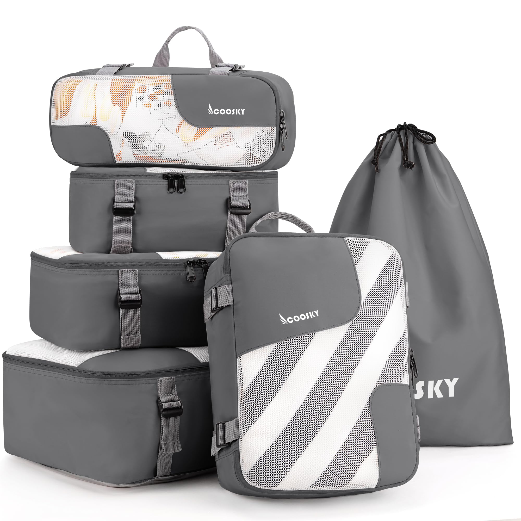 COOSKY 6-Piece Expandable Compression Packing Cubes Set - Transparent Travel Organizer for Suitcases, Luggage Storage Bags (Carry-On Size) - Perfect for Men & Women Travel Essentials | Ideal for Business Trips, Vacations & Weekend Getaways