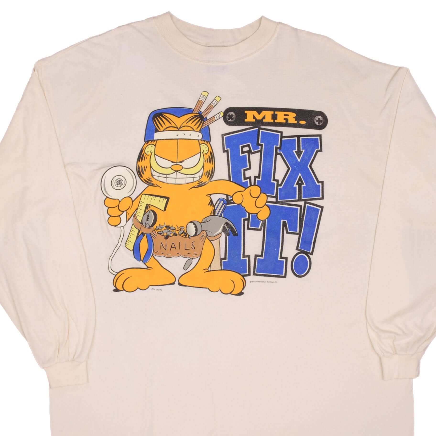 Vintage Garfield Mr. Fix It 1990s Long Sleeve T-Shirt Size 2XL - Retro Cartoon Graphic Tee for Men, Casual Wear & 90s Nostalgia Collection